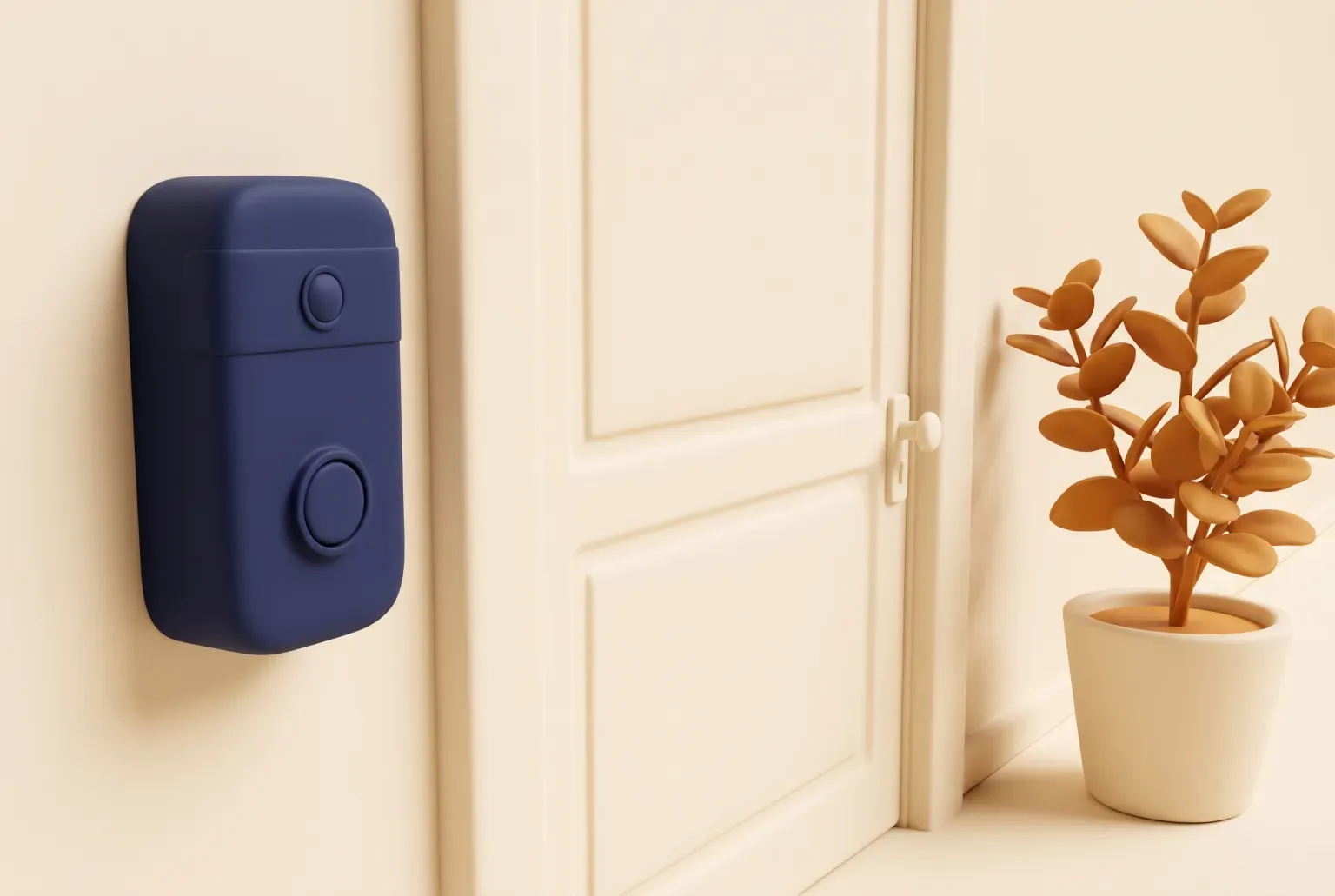 Illustration: a plain video doorbell beside a painted front door and a potted plant, drawn as a soft 3D render. Not a real product.