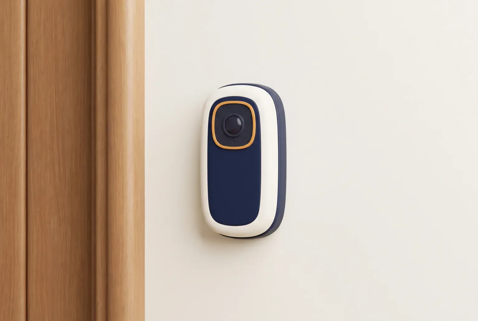 Illustration: a small rounded video doorbell with a dark round lens and an amber ring, mounted on a cream wall beside a wooden door frame, drawn as a soft 3D render. Not a real product.