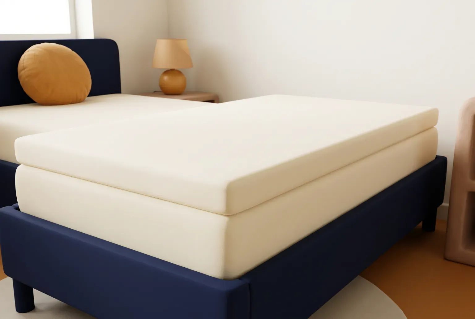 Illustration: a thick cream foam topper laid over a navy bed frame in a small bright room, drawn as a soft 3D render. Not a real product.