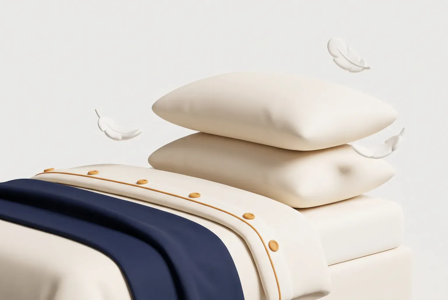 Illustration: two plump cream pillows stacked on a made bed with navy and amber trim and a few white feathers floating nearby, drawn as a soft 3D render. Not a real product.