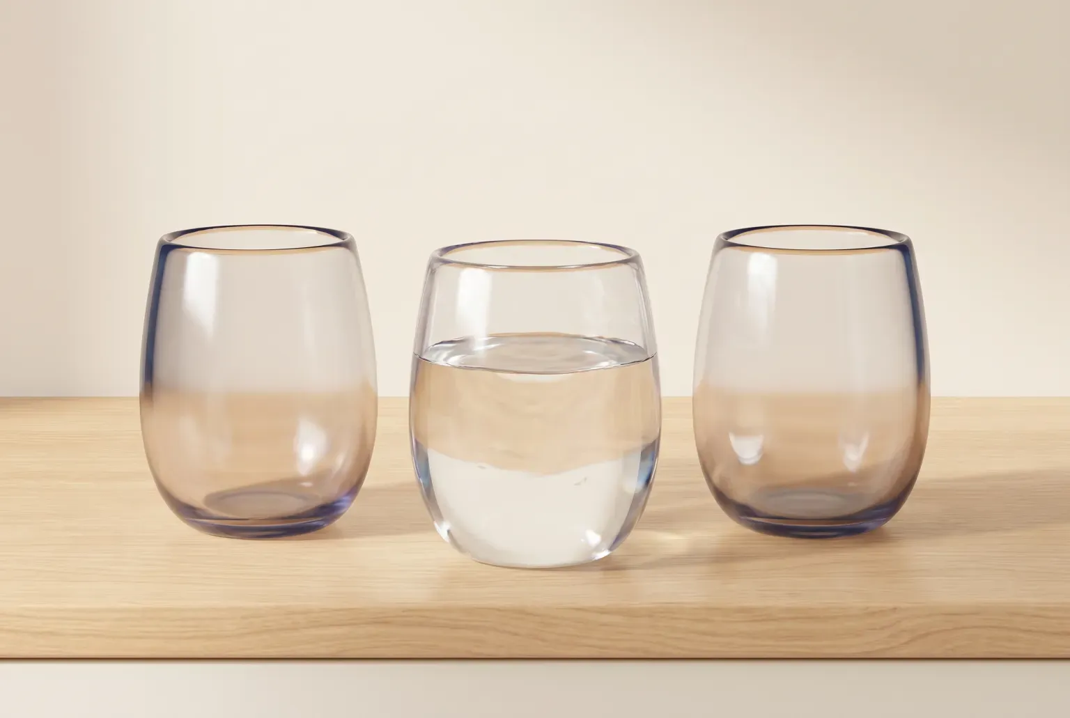 Illustration: a cream-colored cup filled with ice cubes beside two stacked cups with navy bases on a light wooden cabinet, drawn as a soft 3D render. Not a real product.