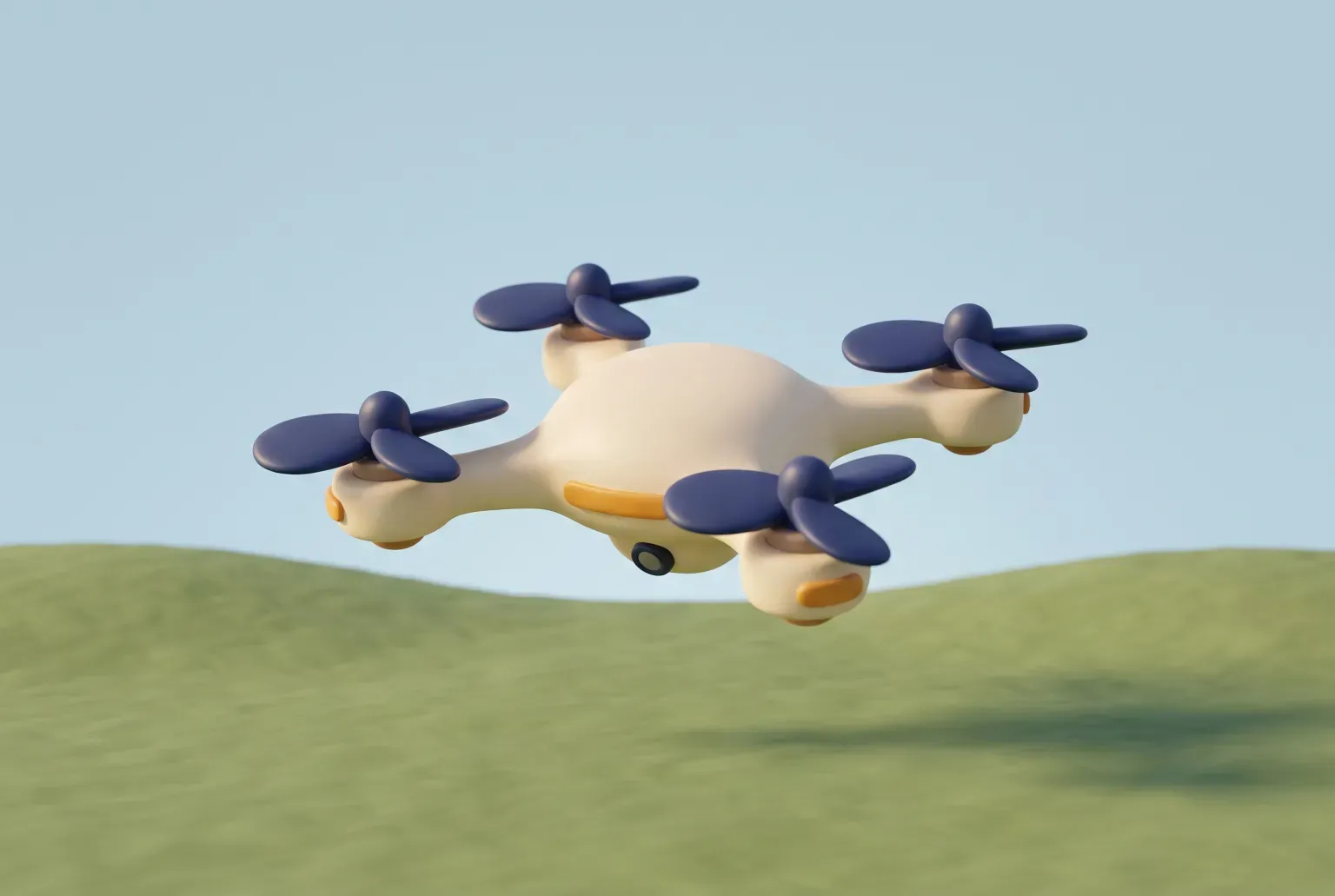 Illustration: a cream quadcopter drone with navy propellers hovering over green hills under a pale blue sky, drawn as a soft 3D render. Not a real product.