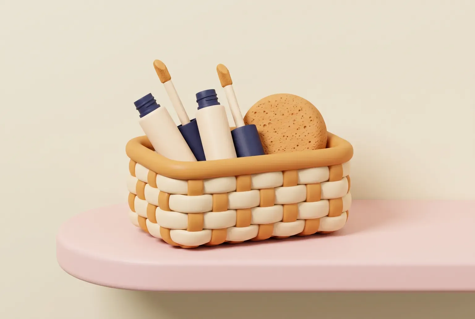 Illustration: a woven basket on a pink shelf holding two plain concealer tubes with wand applicators and a round sponge, drawn as a soft 3D render. Not a real product.