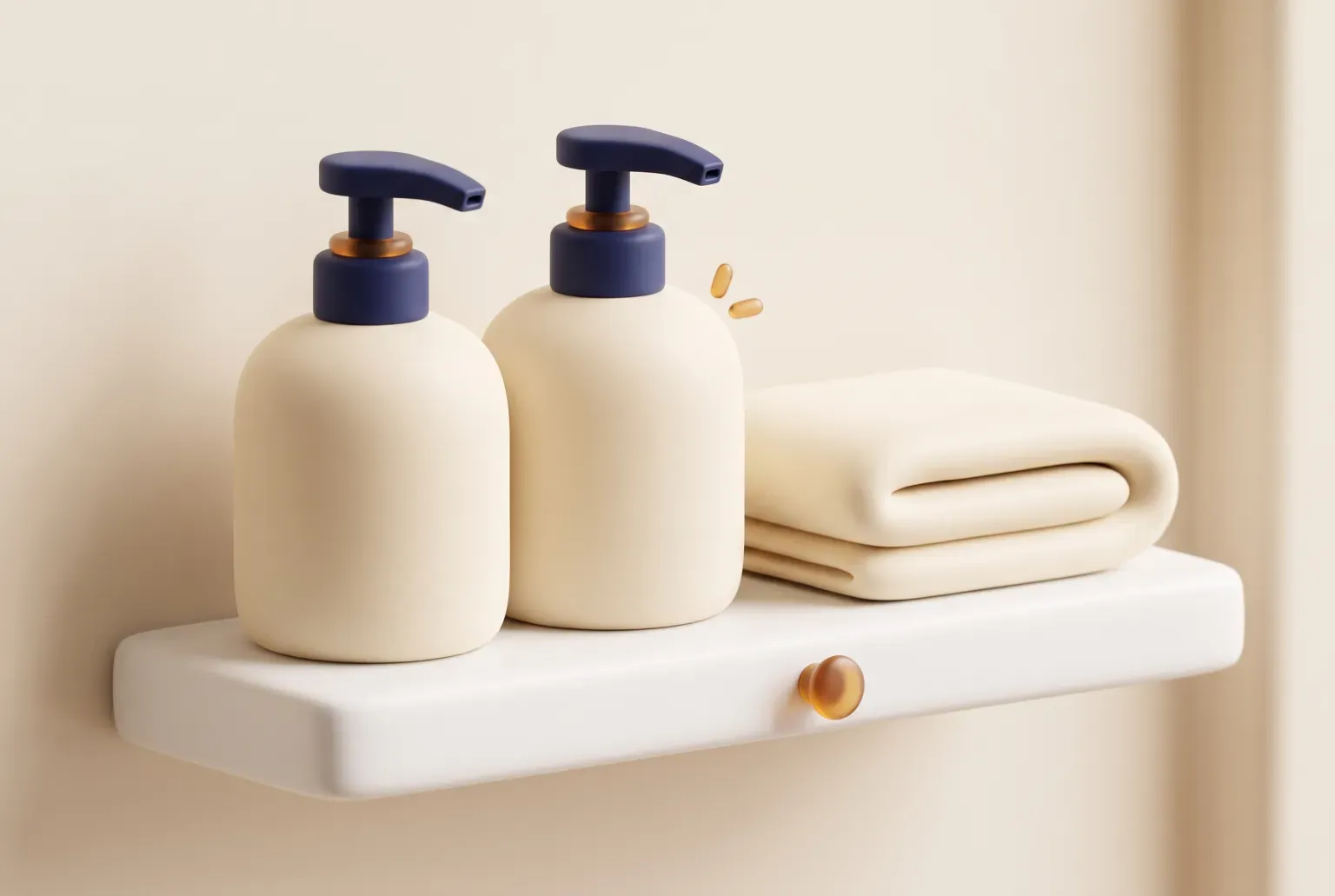 Illustration: two plain cream pump bottles with navy pump heads on a white shelf beside a folded cream towel, drawn as a soft 3D render. Not a real product.