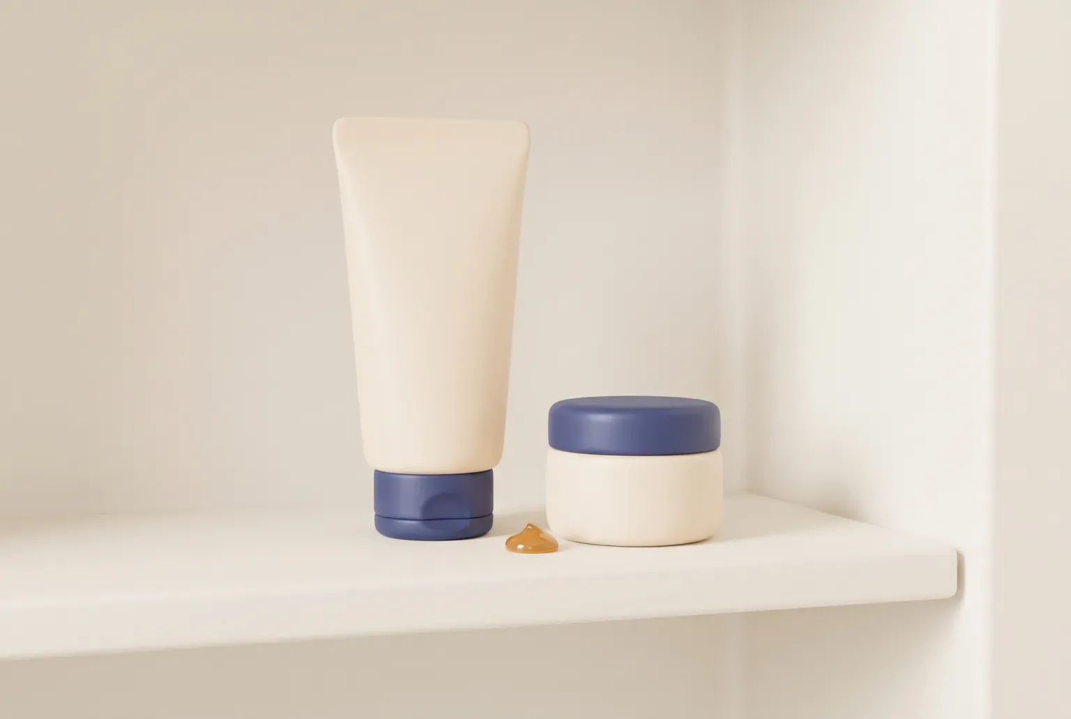 Illustration: a cream-colored squeeze tube with a navy cap and a small round jar of eye cream with a tiny amber dab beside them on a pale bathroom shelf, drawn as a soft 3D render. Not a real product.