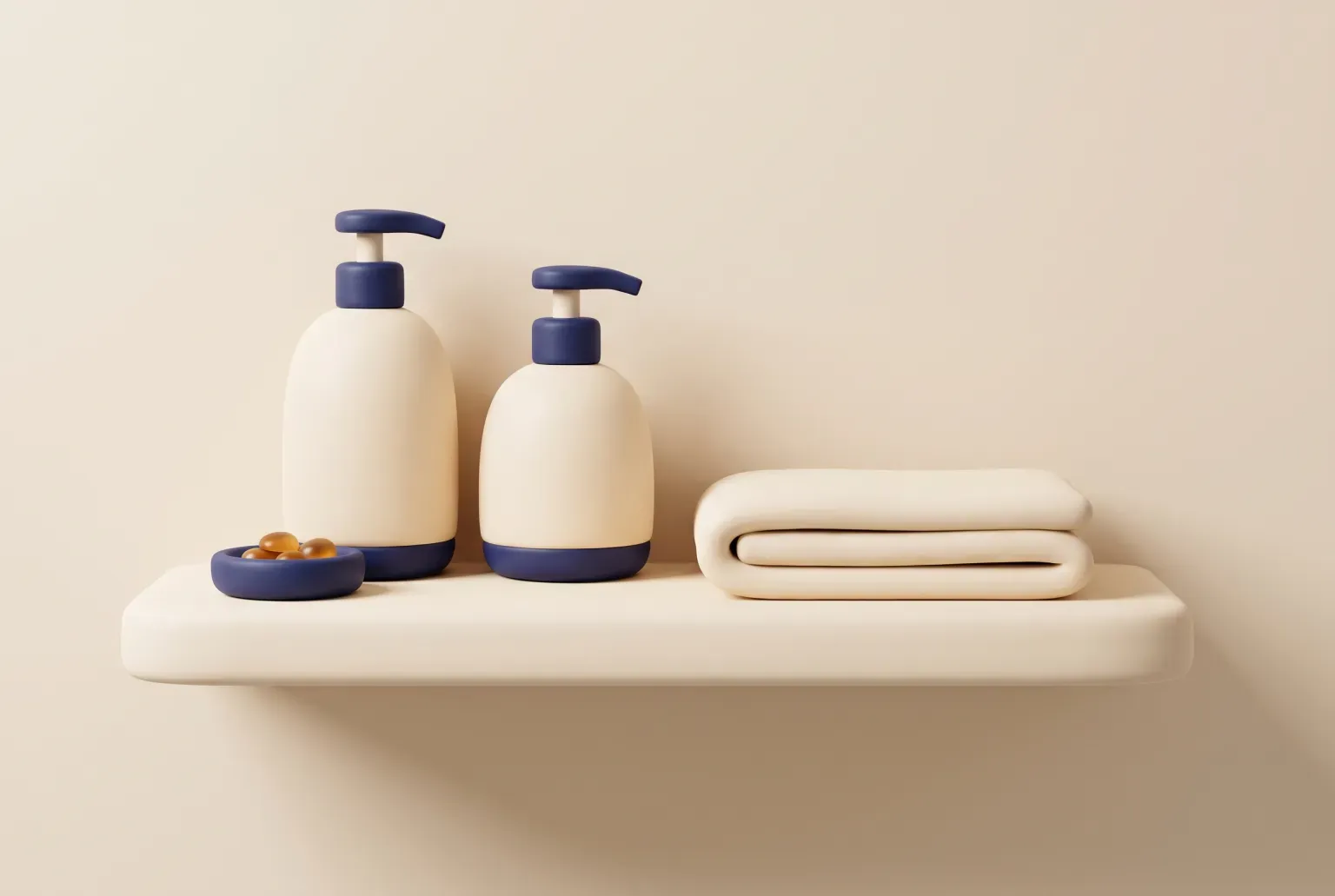 Illustration: two plain cream pump bottles with navy caps beside a folded cream towel and a small navy dish on a floating shelf, drawn as a soft 3D render. Not a real product.