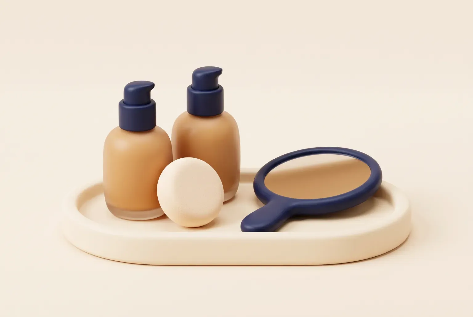 Illustration: two plain rounded foundation bottles with navy pump tops, a cream makeup sponge and a navy hand mirror on a cream oval tray, drawn as a soft 3D render. Not a real product.