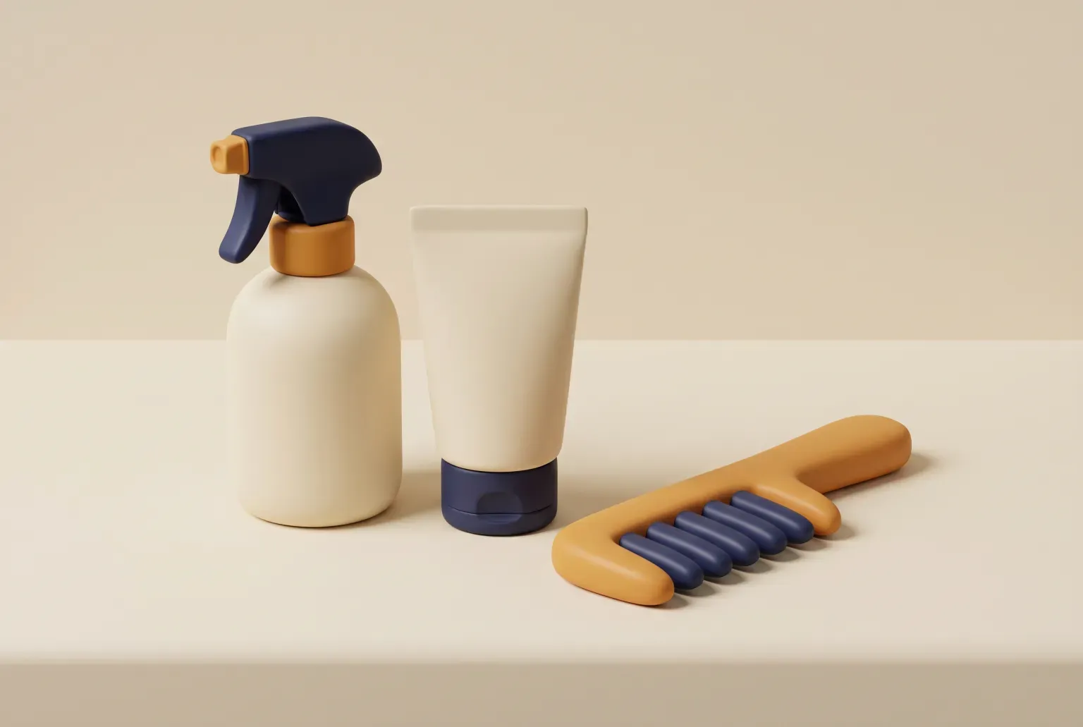 Illustration: a cream spray bottle with a navy trigger, a cream tube with a navy cap and an amber wide-tooth comb on a beige counter, drawn as a soft 3D render. Not a real product.