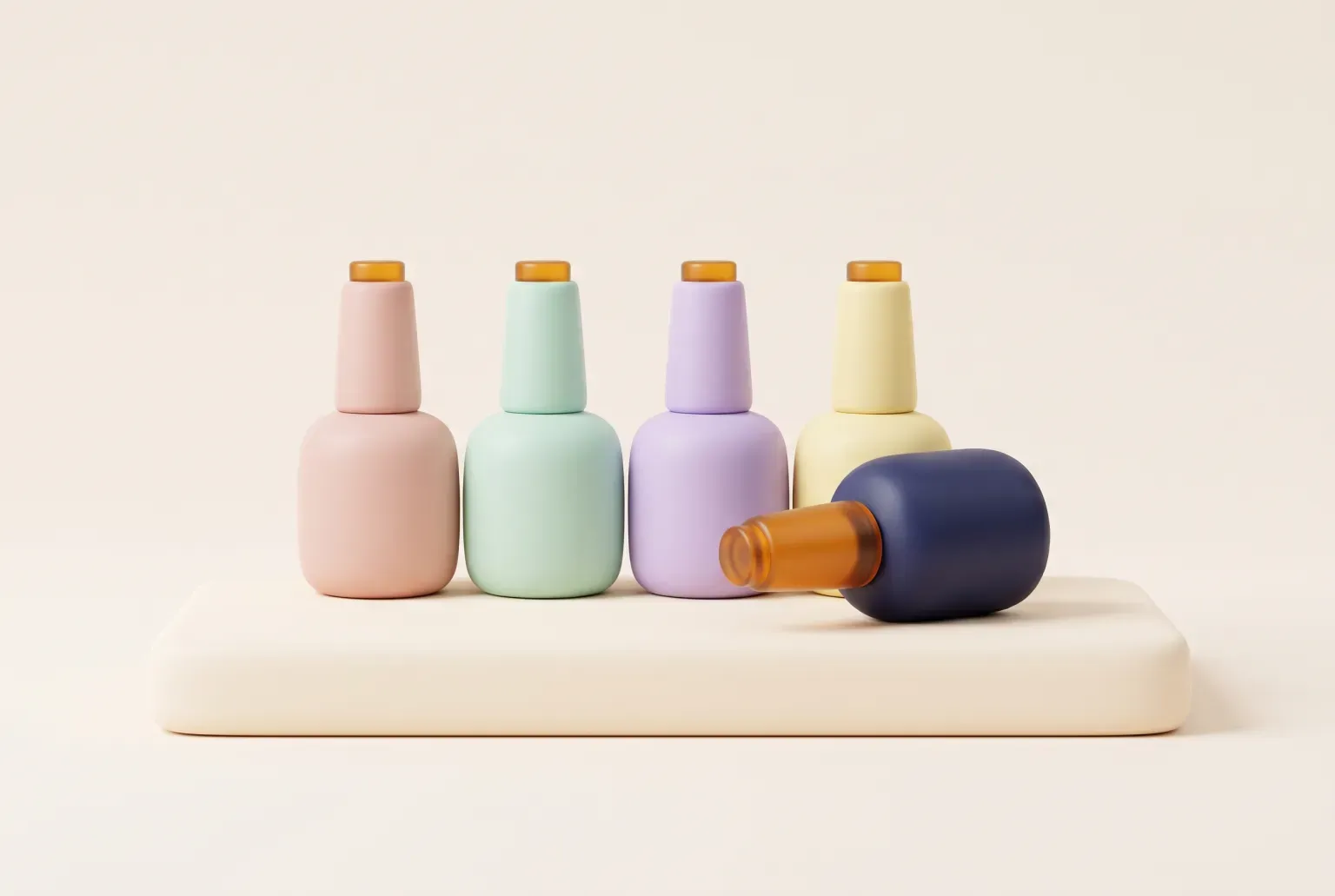 Illustration: four pastel nail polish bottles standing in a row on a pale shelf, with a fifth navy bottle lying on its side, drawn as a soft 3D render. Not a real product.