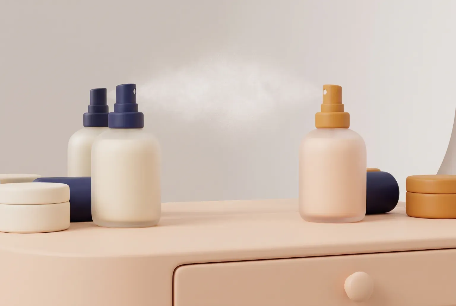 Illustration: plain frosted spray bottles on a peach vanity with a fine cloud of mist in the air, drawn as a soft 3D render. Not a real product.