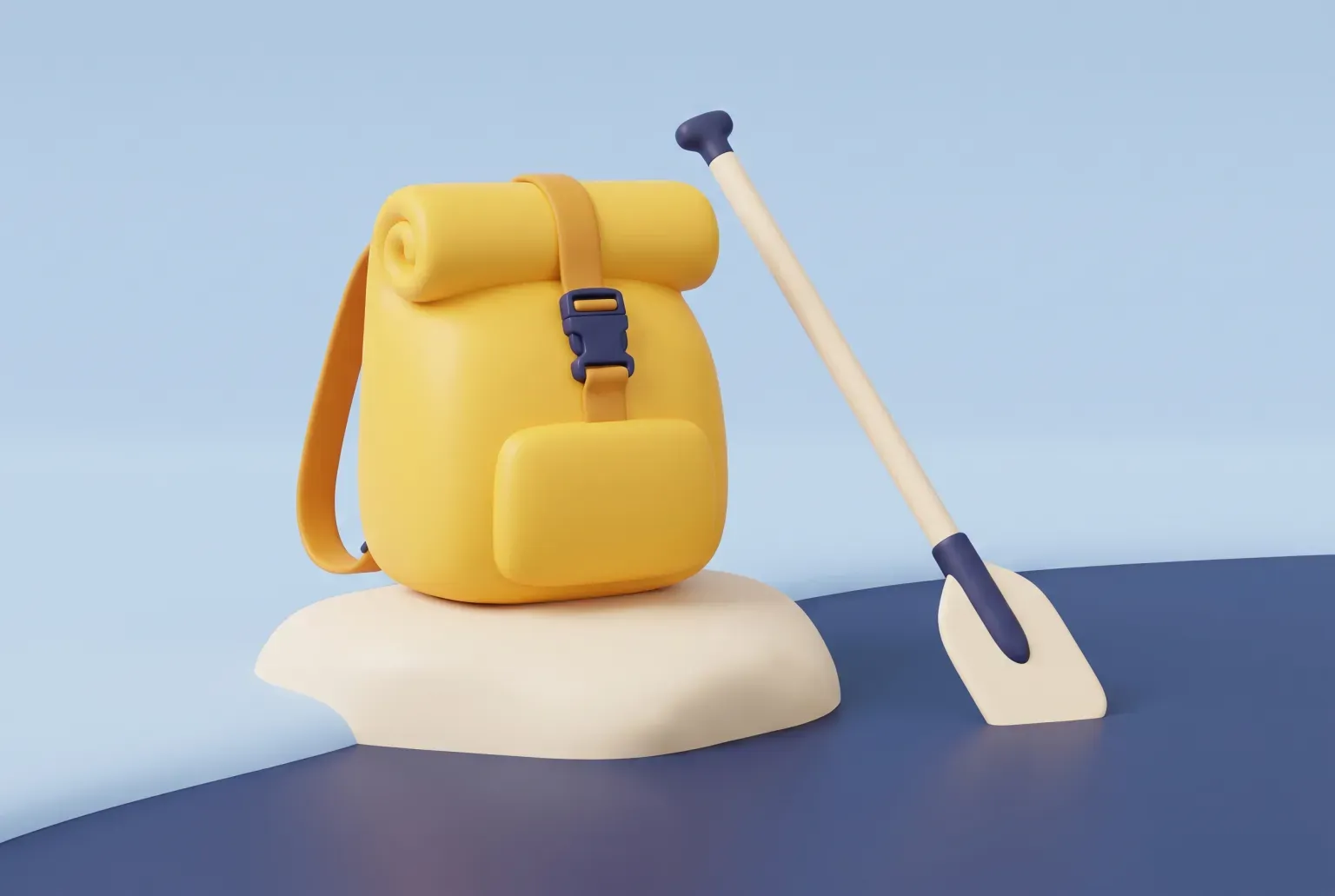 Illustration: a yellow roll-top backpack-style dry bag with a buckle standing on a cream rock beside a wooden paddle at a calm lakeshore, drawn as a soft 3D render. Not a real product.