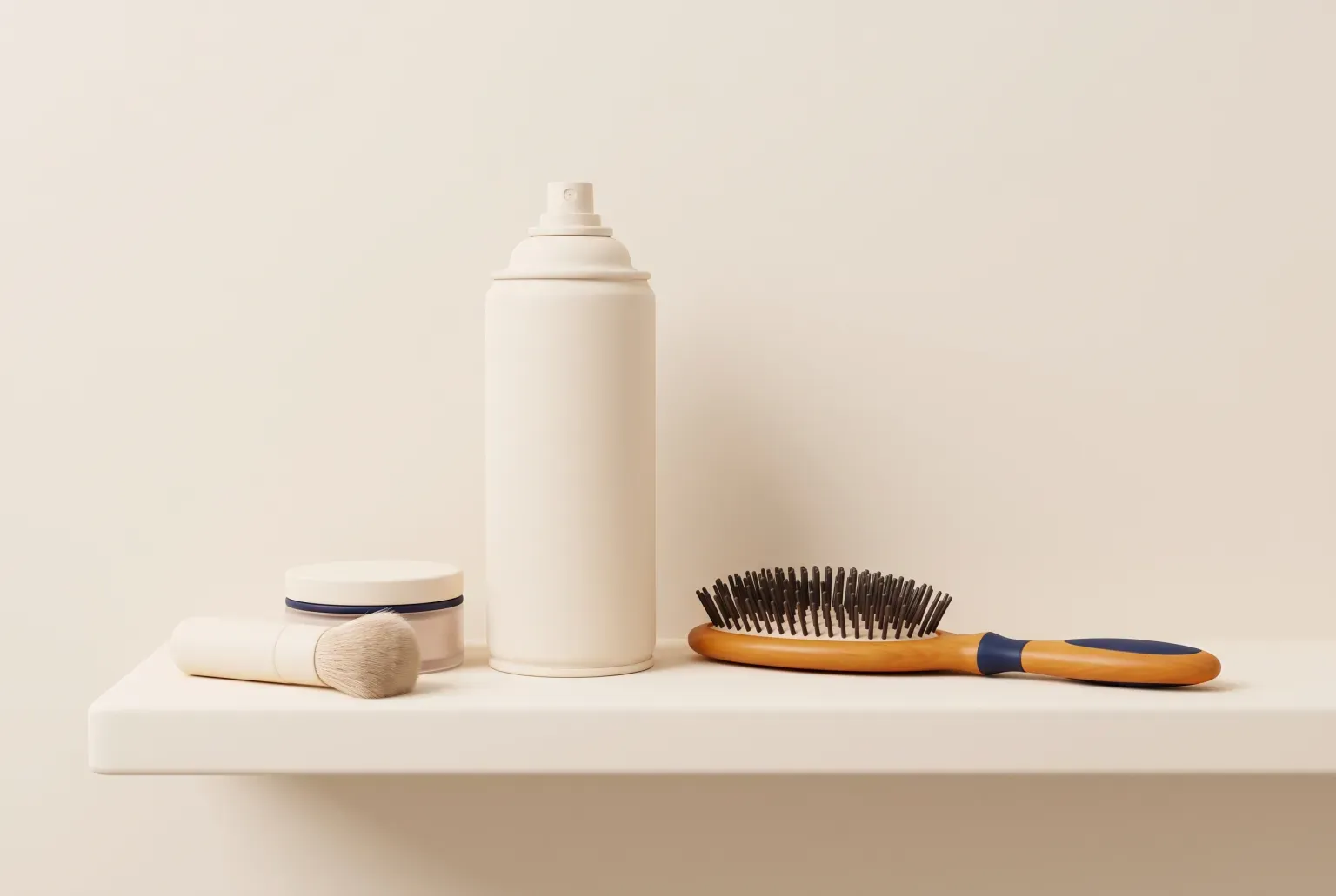 Illustration: a plain white spray can, a small powder jar with a brush and a hairbrush on a bathroom shelf, drawn as a soft 3D render. Not a real product.