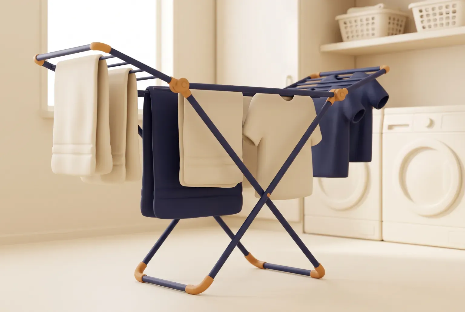Illustration: a navy folding clothes drying rack with amber joints holding cream towels and navy shirts in a bright laundry room beside two washing machines, drawn as a soft 3D render. Not a real product.
