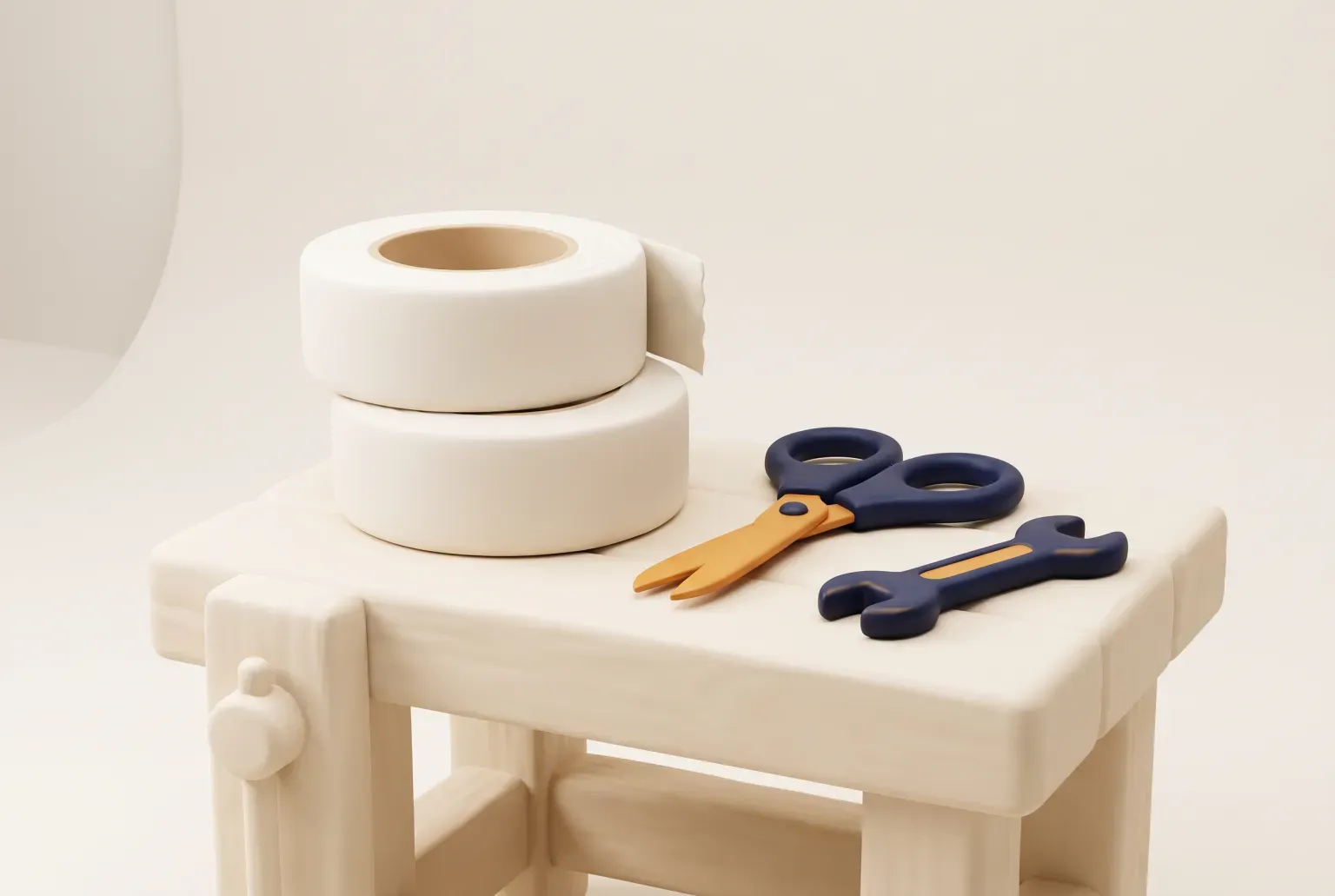 Illustration: two stacked rolls of plain off-white tape on a small wooden workbench beside navy-handled scissors and a wrench, drawn as a soft 3D render. Not a real product.