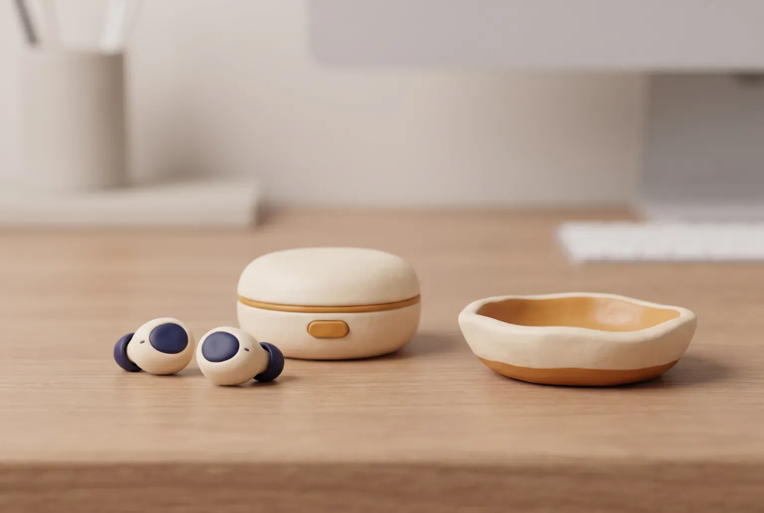 Illustration: a pair of tiny cream and navy in-ear earbuds beside a small round cream charging case and a clay dish on a wooden desk, drawn as a soft 3D render. Not a real product.