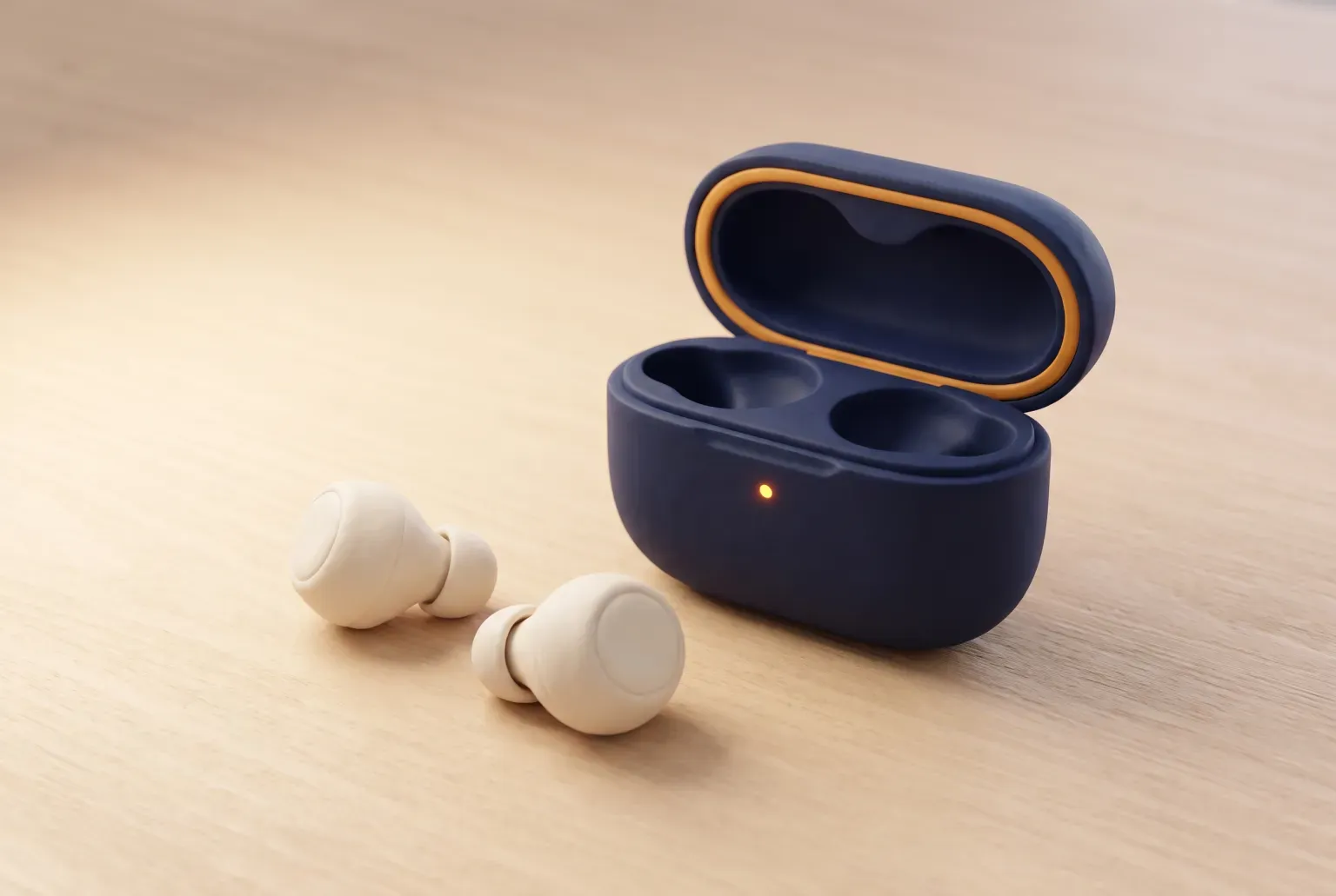 Illustration: a pair of wireless earbuds beside their open charging case on a desk, drawn as a soft 3D render. Not a real product.