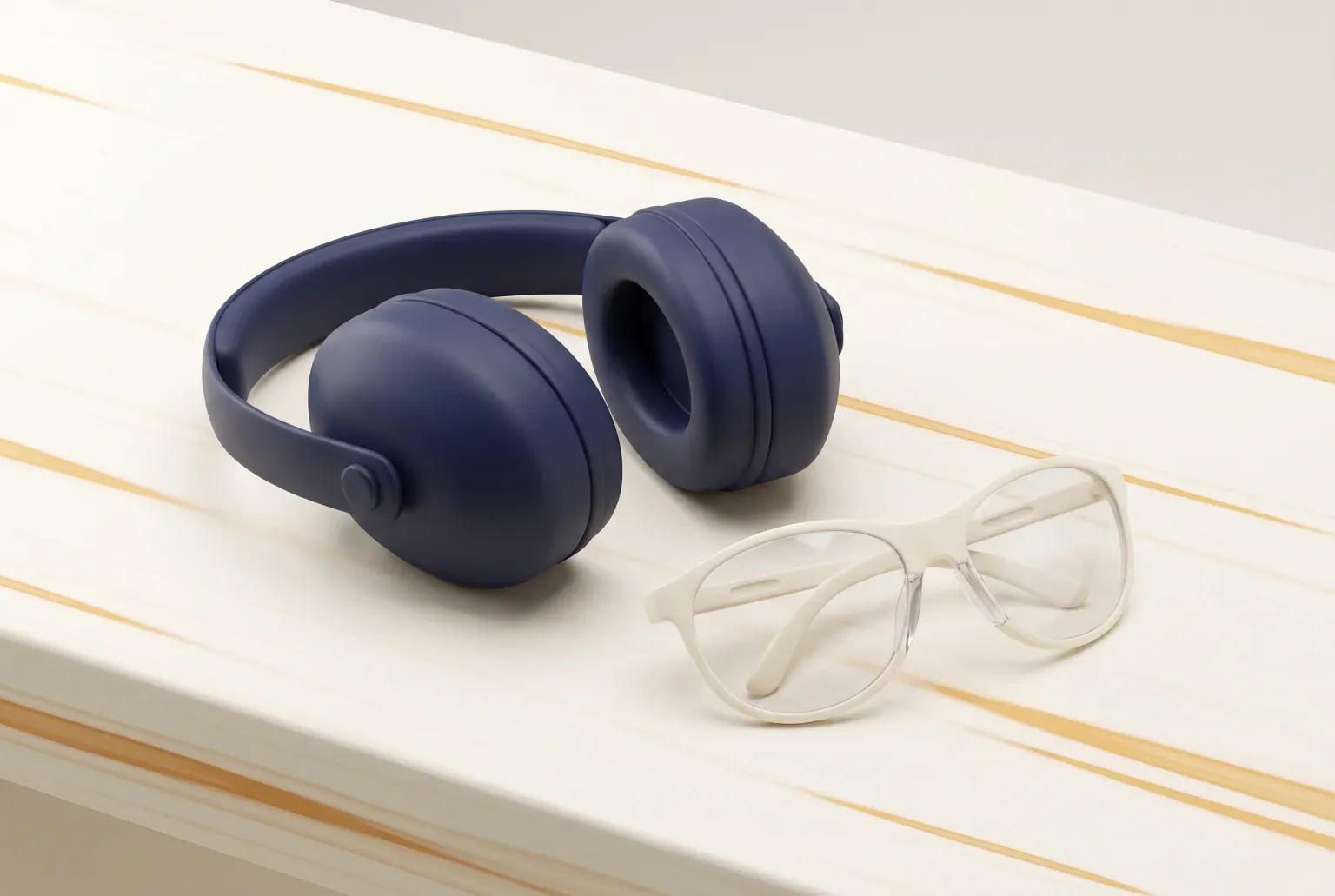 Illustration: a pair of navy over-ear earmuffs on a pale wooden workbench beside clear safety glasses, drawn as a soft 3D render. Not a real product.
