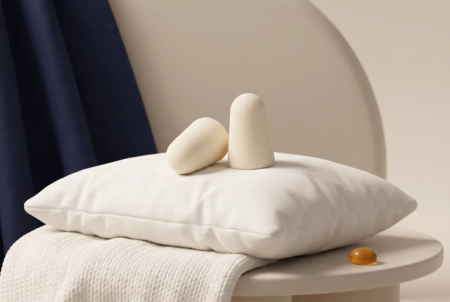 Illustration: two cream foam earplugs resting on a white pillow beside a knitted throw, drawn as a soft 3D render. Not a real product.