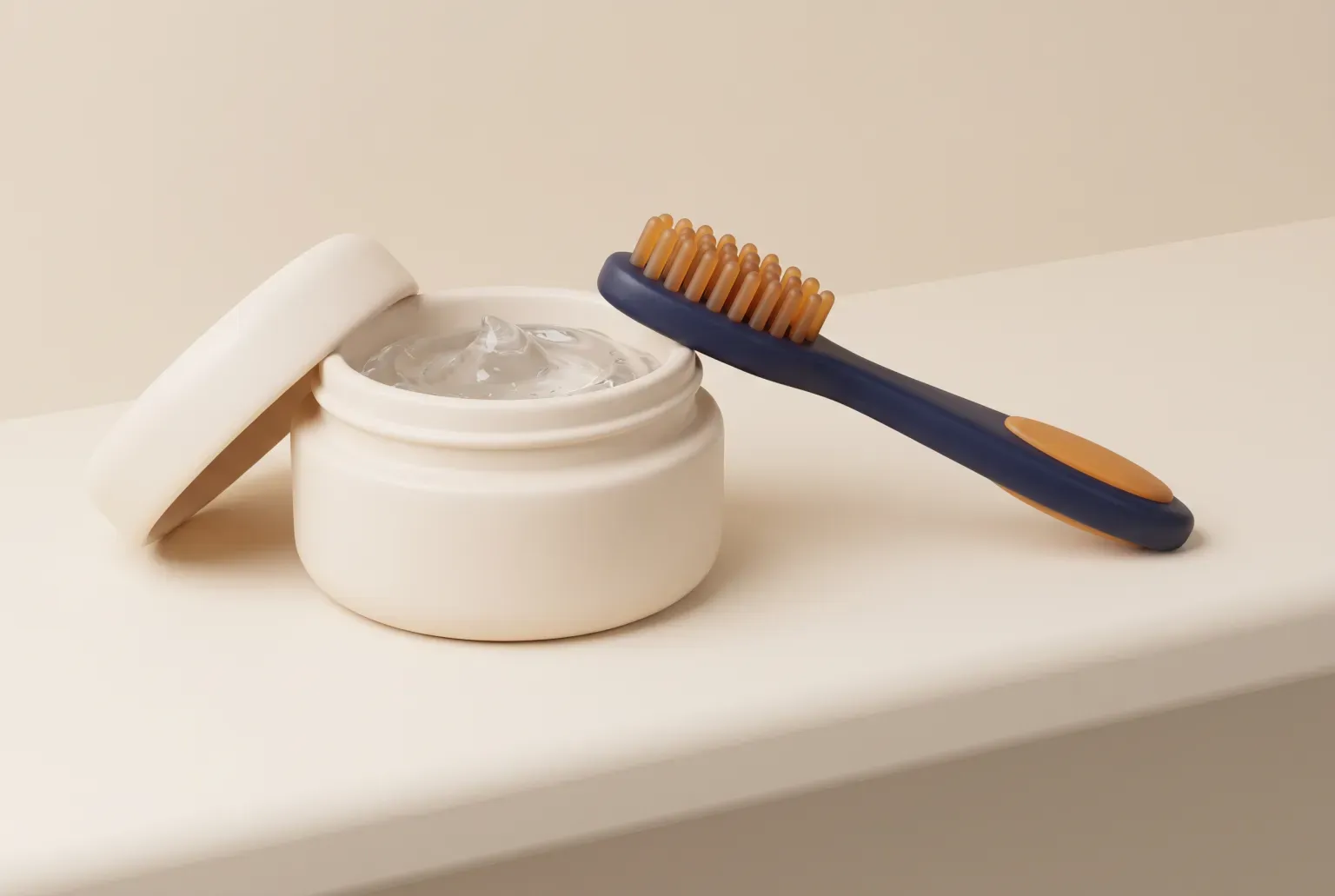Illustration: a small round open jar of clear styling gel with a soft narrow edge brush resting beside it on a pale shelf, drawn as a soft 3D render. Not a real product.
