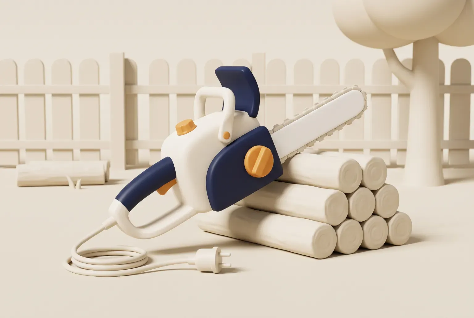 Illustration: a corded electric chainsaw with a navy and cream body resting on a neat stack of cut logs in front of a picket fence, drawn as a soft 3D render. Not a real product.