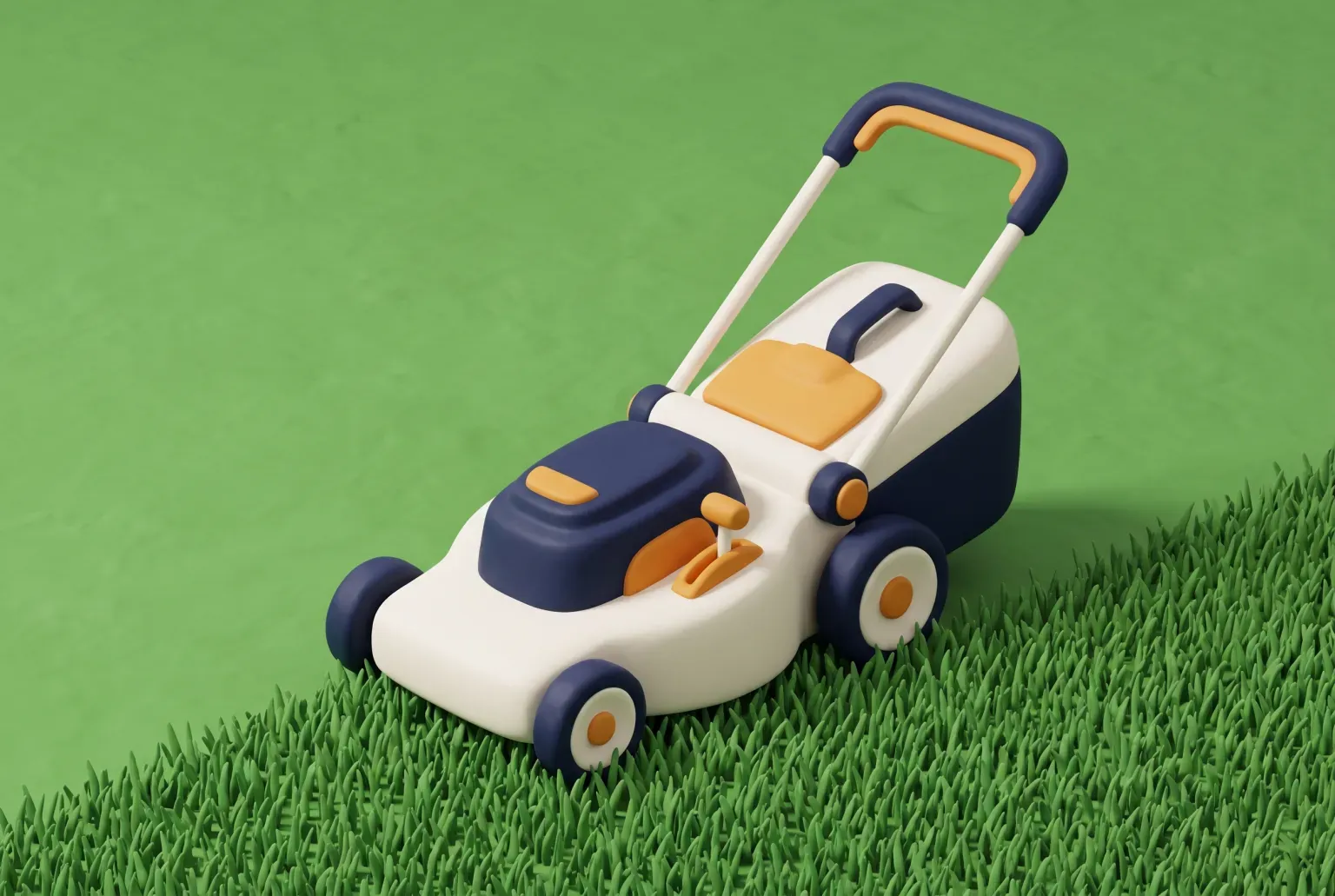 Illustration: a plain cordless push lawn mower on a freshly cut lawn, drawn as a soft 3D render. Not a real product.