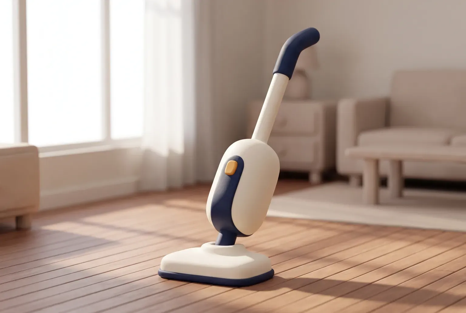 Illustration: a cordless stick mop in cream and navy standing upright on a wooden floor in a sunlit living room, drawn as a soft 3D render. Not a real product.