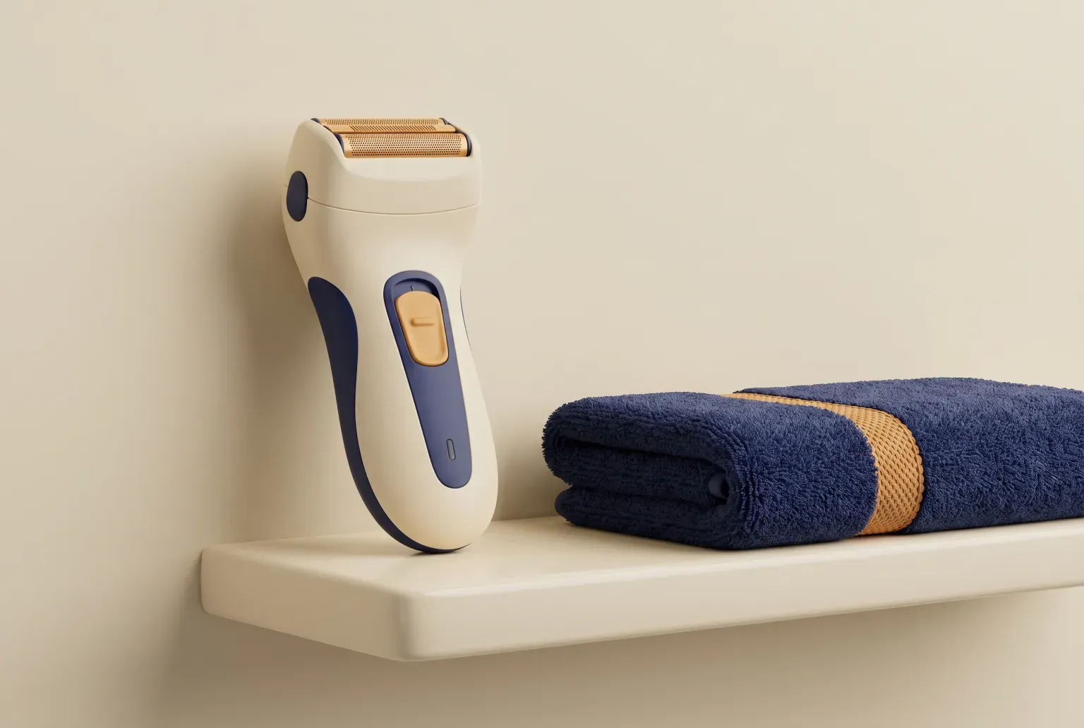 Illustration: a cream and navy electric shaver standing upright on a pale bathroom shelf beside a folded navy towel, drawn as a soft 3D render. Not a real product.