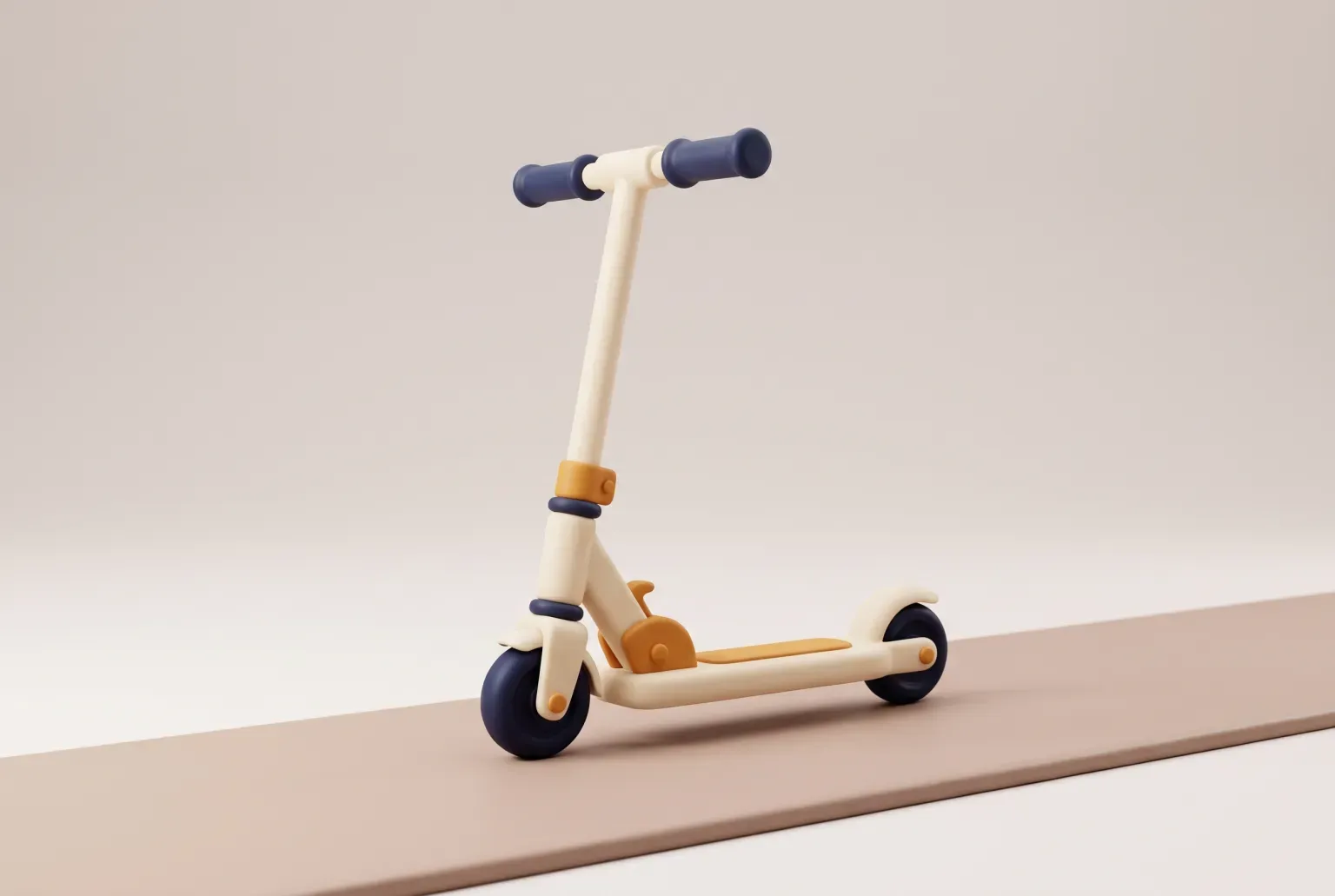 Illustration: a plain cream kick scooter with navy handgrips and wheels standing on a smooth path, drawn as a soft 3D render. Not a real product.