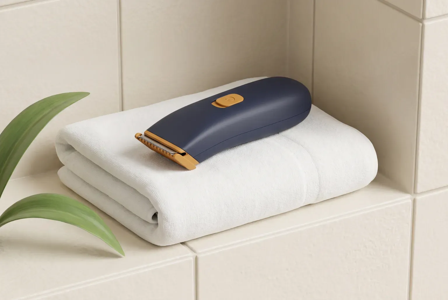 Illustration: a small navy and amber cordless trimmer lying on a folded white towel on a cream tiled shelf beside a green leaf, drawn as a soft 3D render. Not a real product.