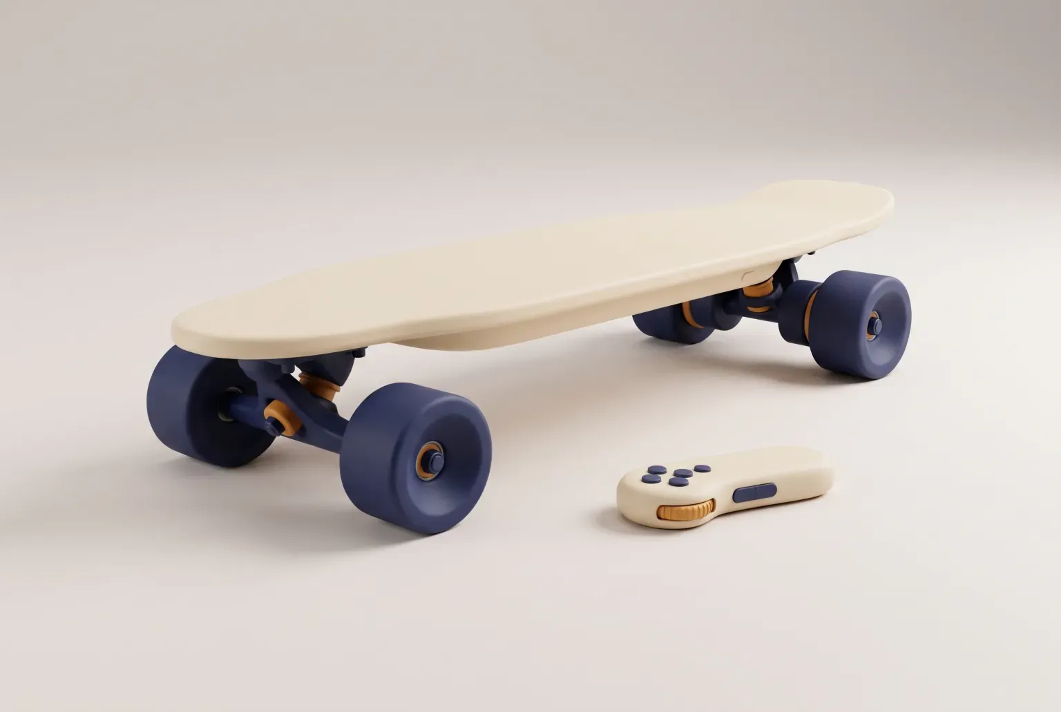 Illustration: a plain cream electric longboard skateboard with a small plain handheld remote beside it on smooth light pavement, drawn as a soft 3D render. Not a real product.
