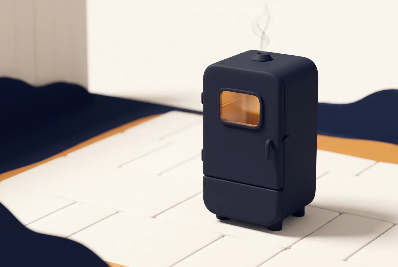 Illustration: a dark vertical smoker cabinet with a small glowing window and a wisp of smoke on a pale tiled patio, drawn as a soft 3D render. Not a real product.