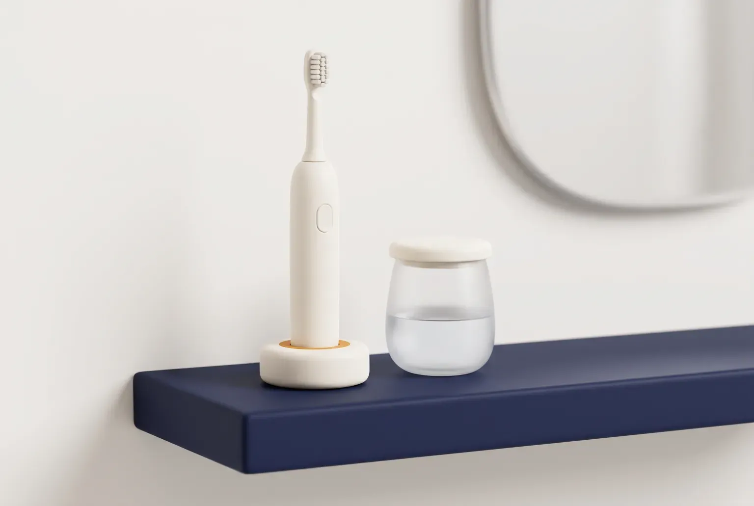 Illustration: a plain white electric toothbrush standing in a charging base beside a glass of water on a bathroom shelf, drawn as a soft 3D render. Not a real product.