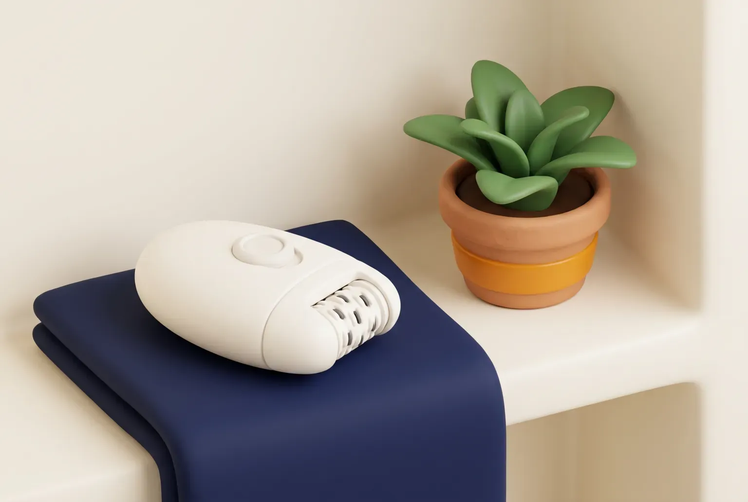 Illustration: a single cream handheld epilator with a round rotating head resting on a folded navy towel beside a small potted plant on a pale bathroom shelf, drawn as a soft 3D render. Not a real product.