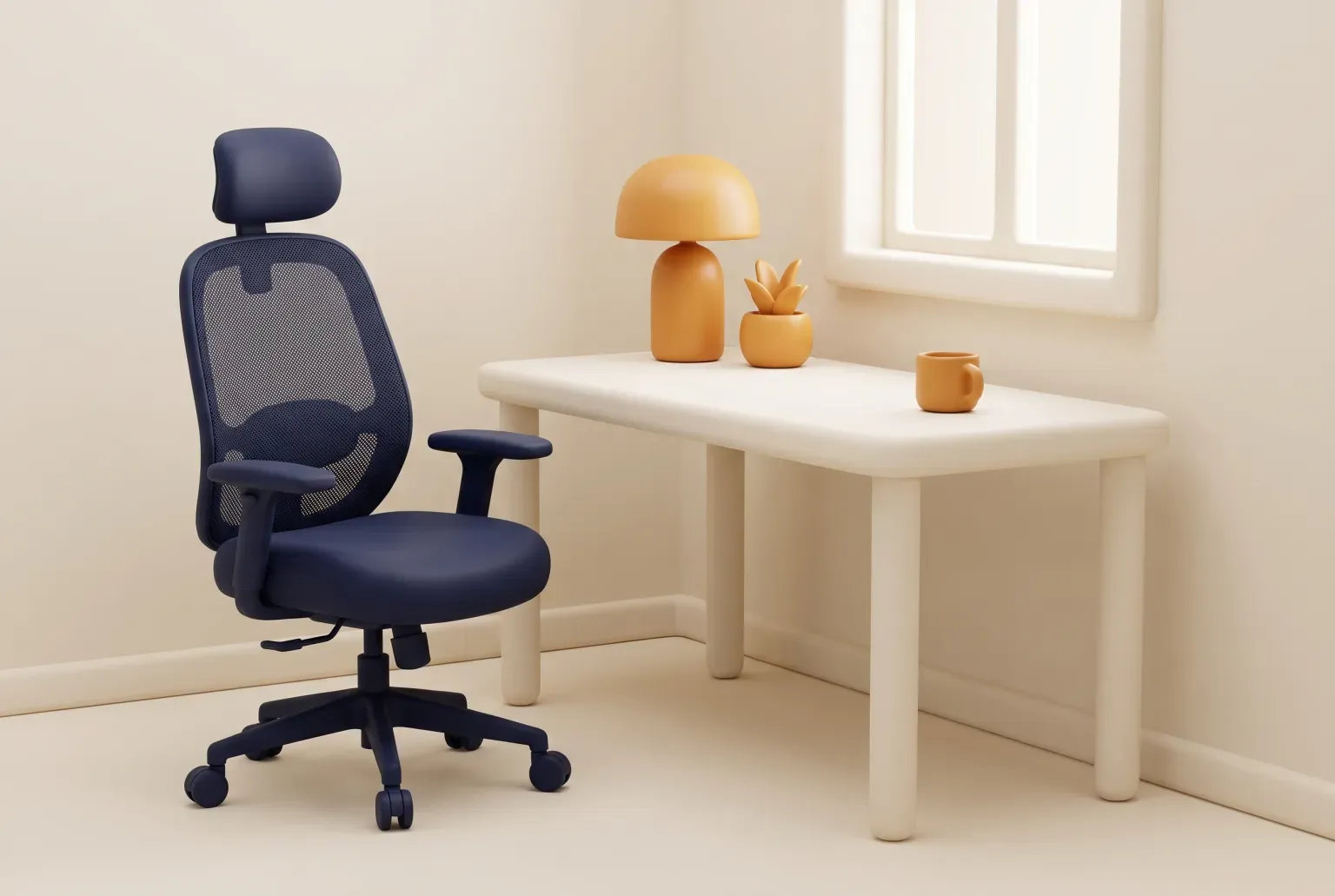 Illustration: a navy mesh desk chair with a headrest beside a plain white desk with a lamp and a mug in a bright room, drawn as a soft 3D render. Not a real product.