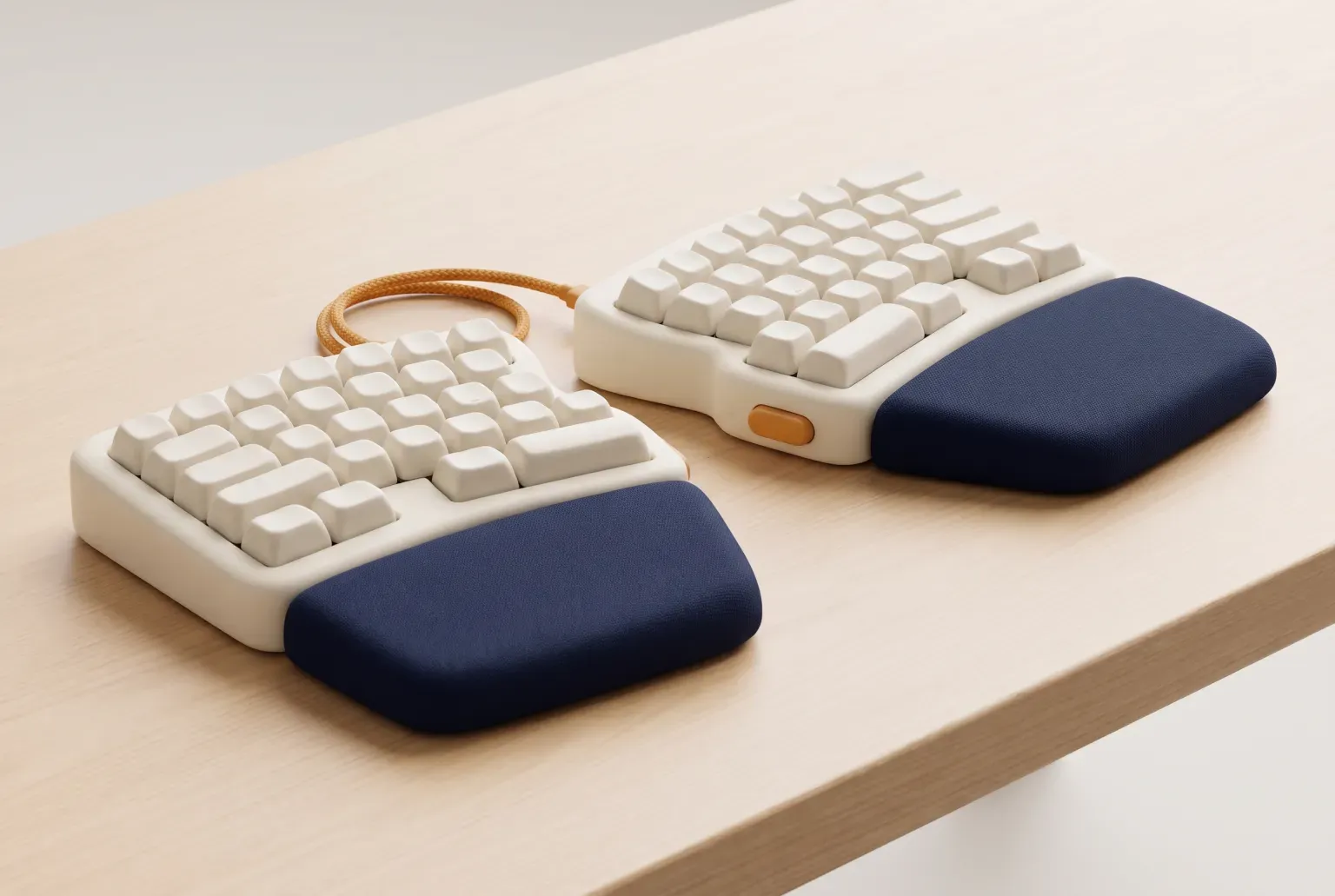 Illustration: a plain split ergonomic keyboard with a wrist rest on a wooden desk, drawn as a soft 3D render. Not a real product.