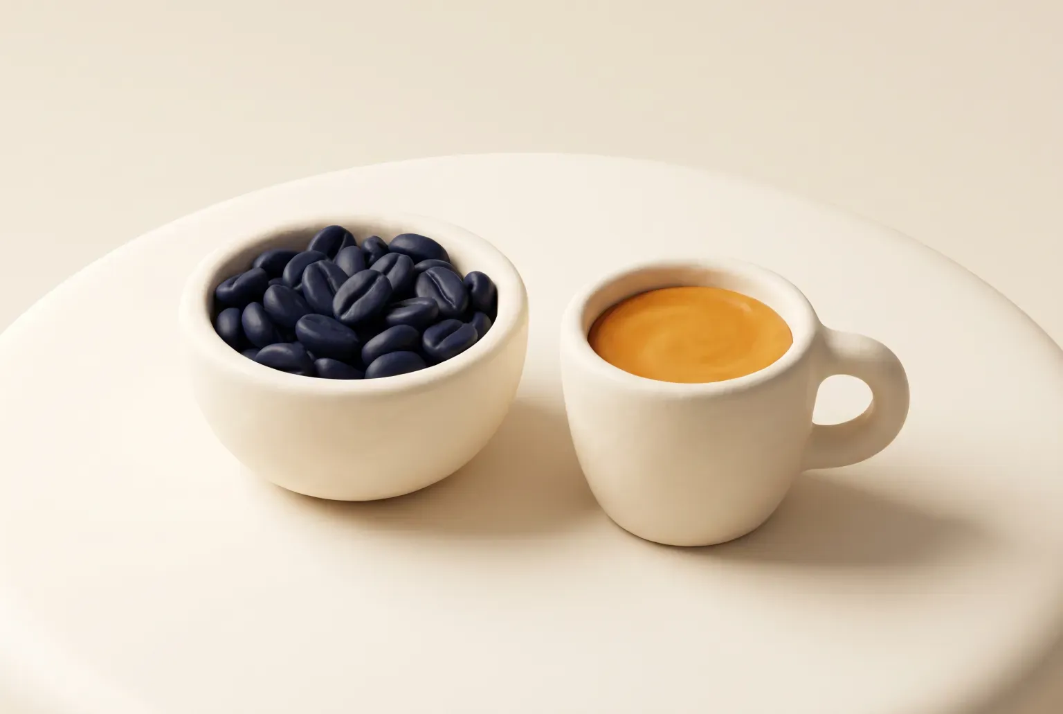 Illustration: dark roasted coffee beans in a small bowl beside an espresso cup, drawn as a soft 3D render. Not a real product.