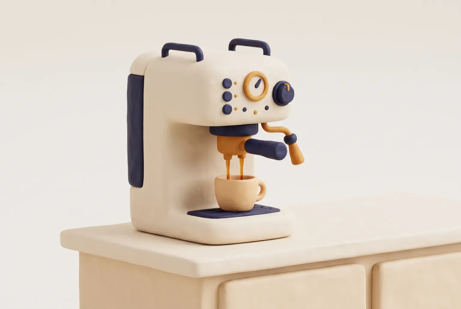 Illustration: a plain espresso machine pouring into a small cup on a kitchen counter, drawn as a soft 3D render. Not a real product.