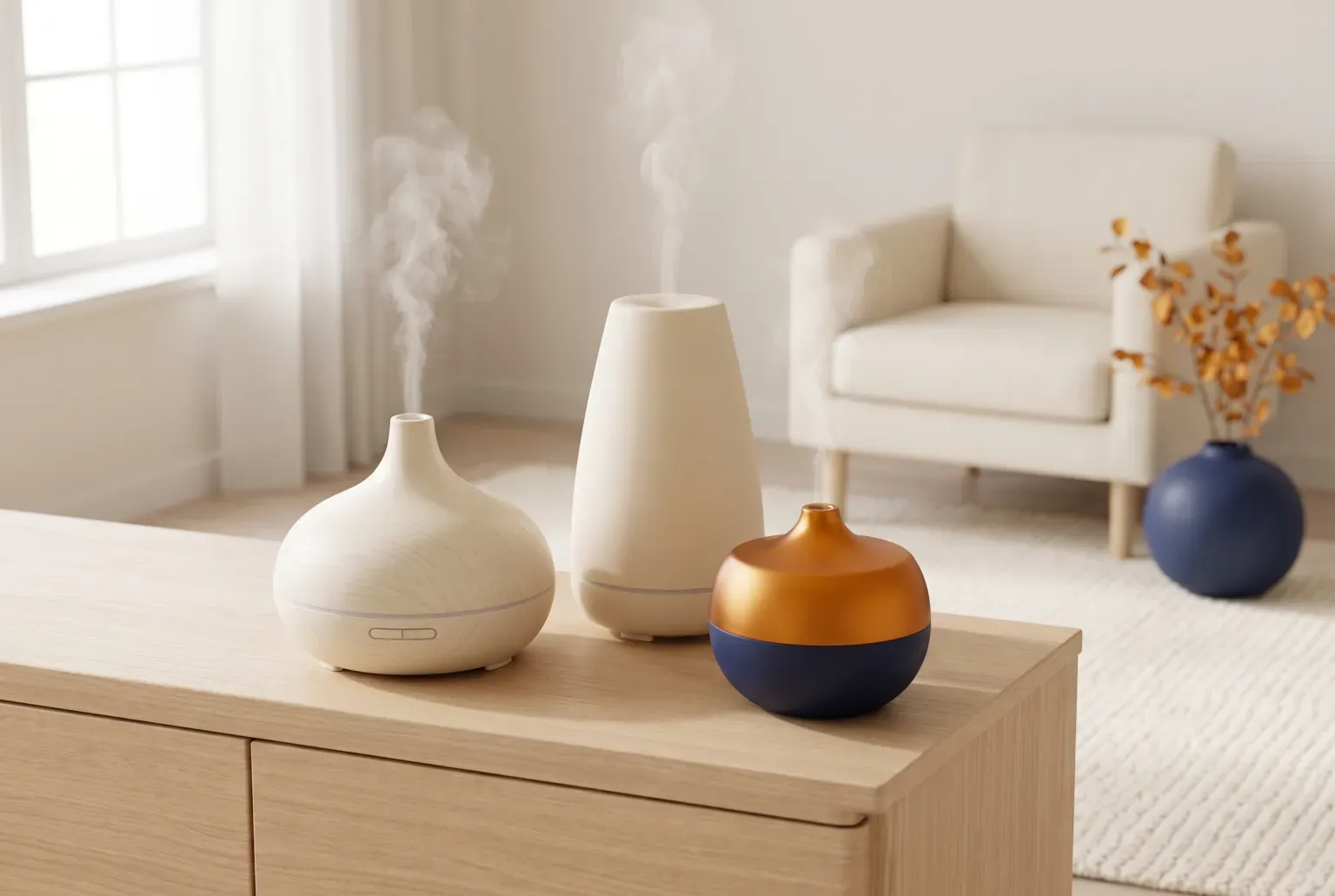 Illustration: three essential oil diffusers releasing soft mist on a light wooden sideboard in a sunny living room, drawn as a soft 3D render. Not a real product.