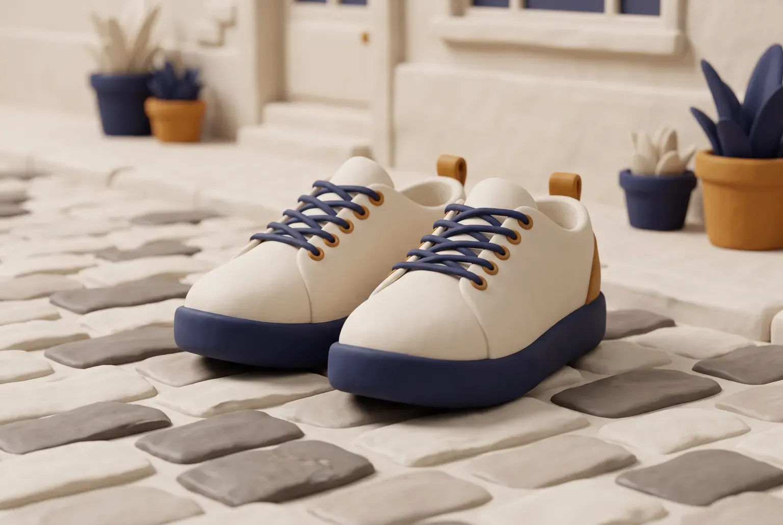 Illustration: a pair of cream walking shoes with navy soles standing on an old cobblestone street, drawn as a soft 3D render. Not a real product.