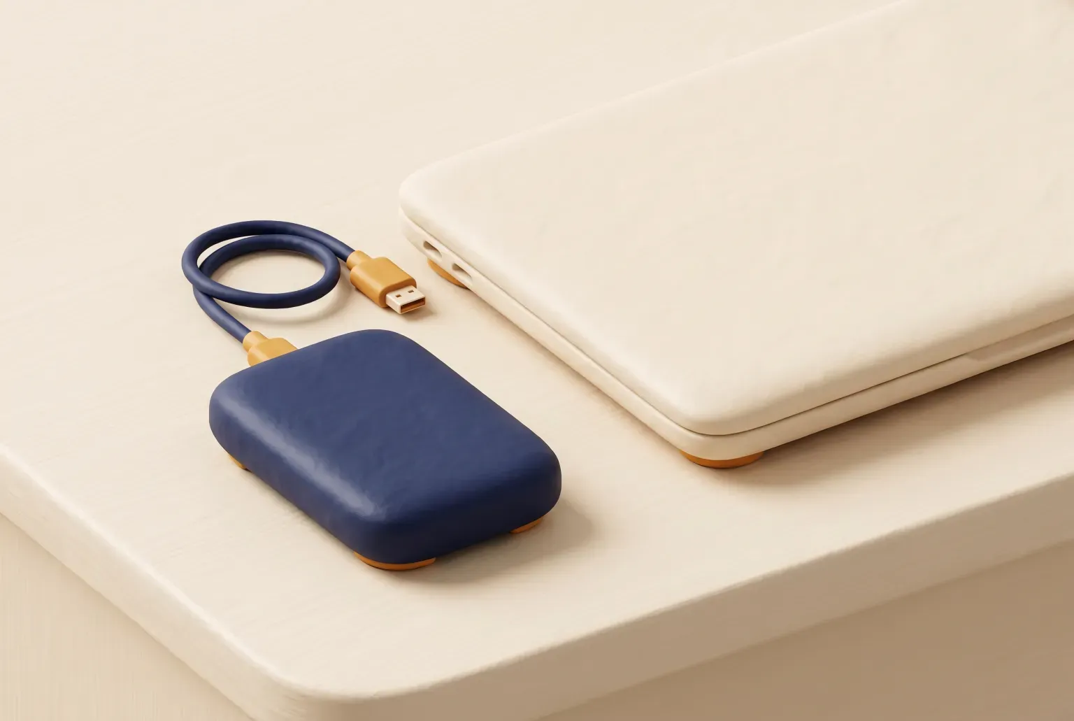 Illustration: a small plain navy portable hard drive with a short cable on a light desk beside a closed laptop, drawn as a soft 3D render. Not a real product.