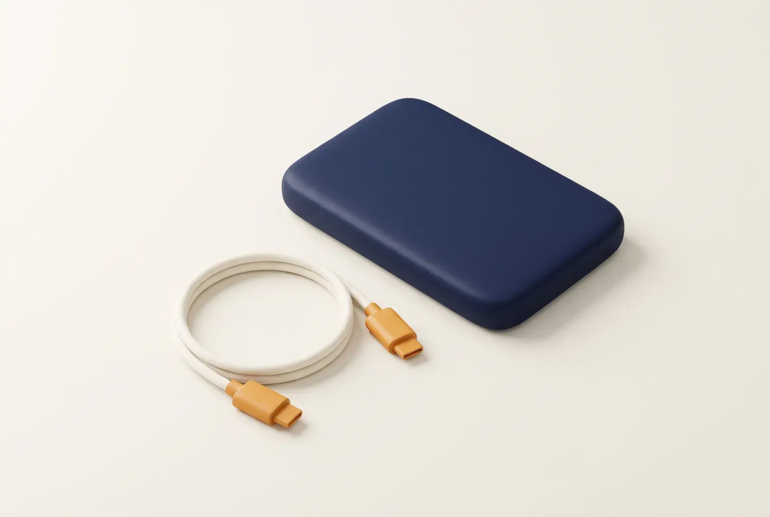 Illustration: a slim navy portable solid-state drive beside a coiled cream USB-C cable with amber plugs on a cream desk, drawn as a soft 3D render. Not a real product.