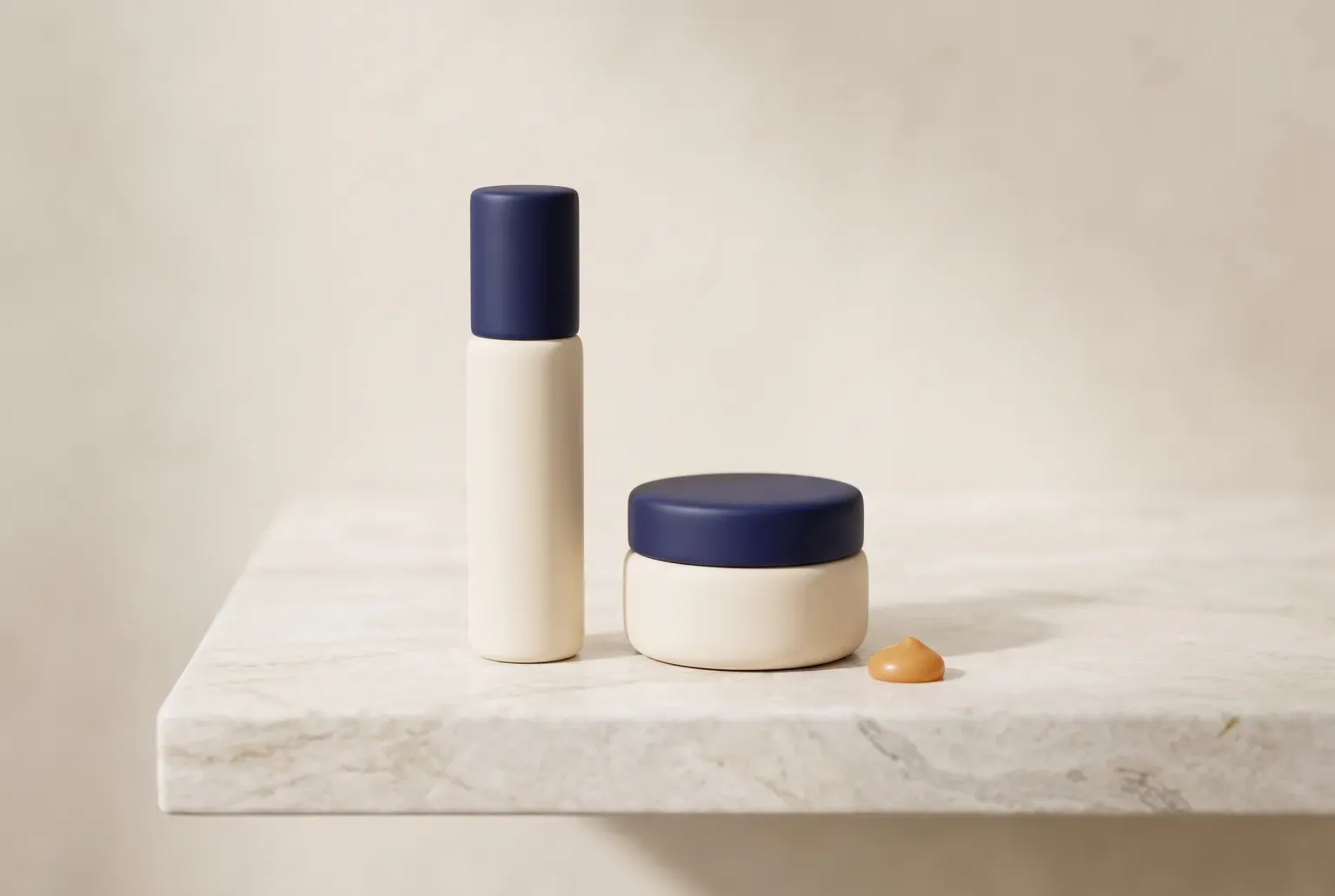 Illustration: a tall cream-colored roller bottle with a navy cap beside a small round cream jar with a tiny amber dab on a pale marble shelf, drawn as a soft 3D render. Not a real product.