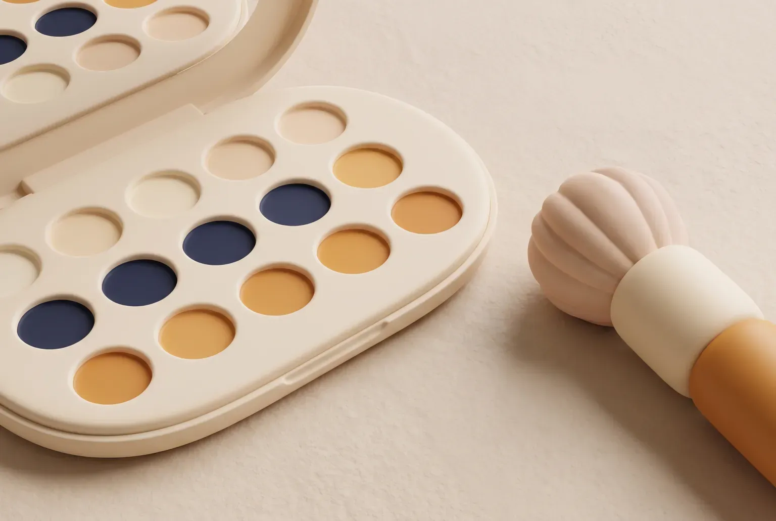 Illustration: an open plain eyeshadow palette with rows of soft matte and shimmer color pans beside a fluffy blending brush, drawn as a soft 3D render. Not a real product.
