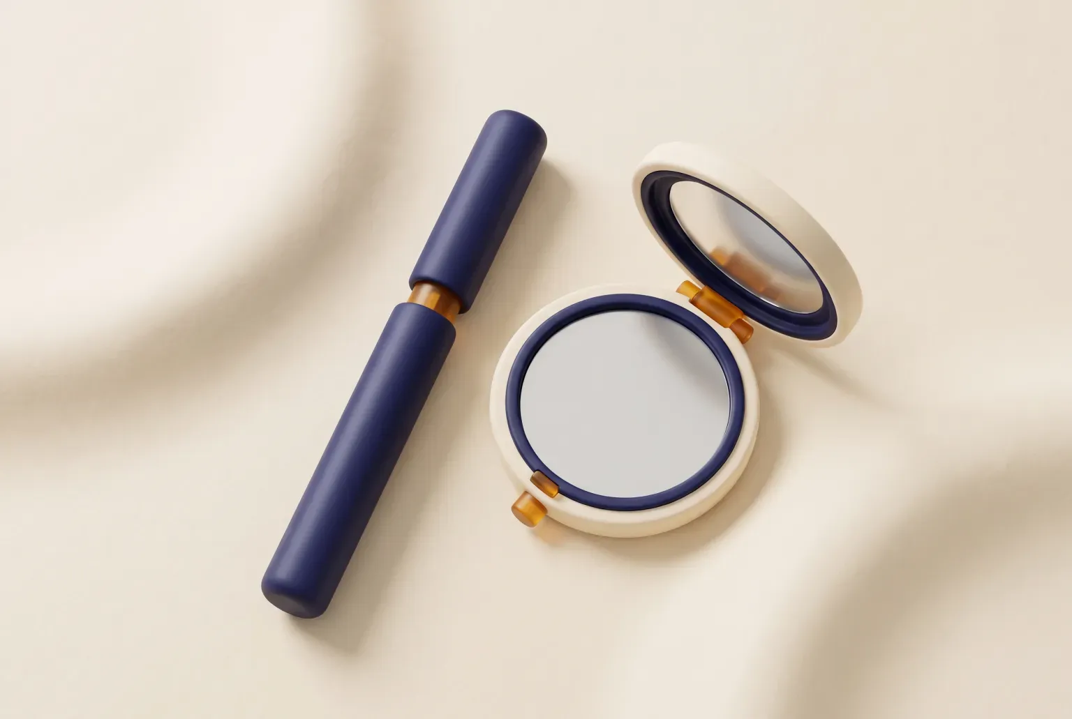 Illustration: a plain navy retractable pencil lying on a soft cream surface beside a small round compact mirror, seen from above, drawn as a soft 3D render. Not a real product.