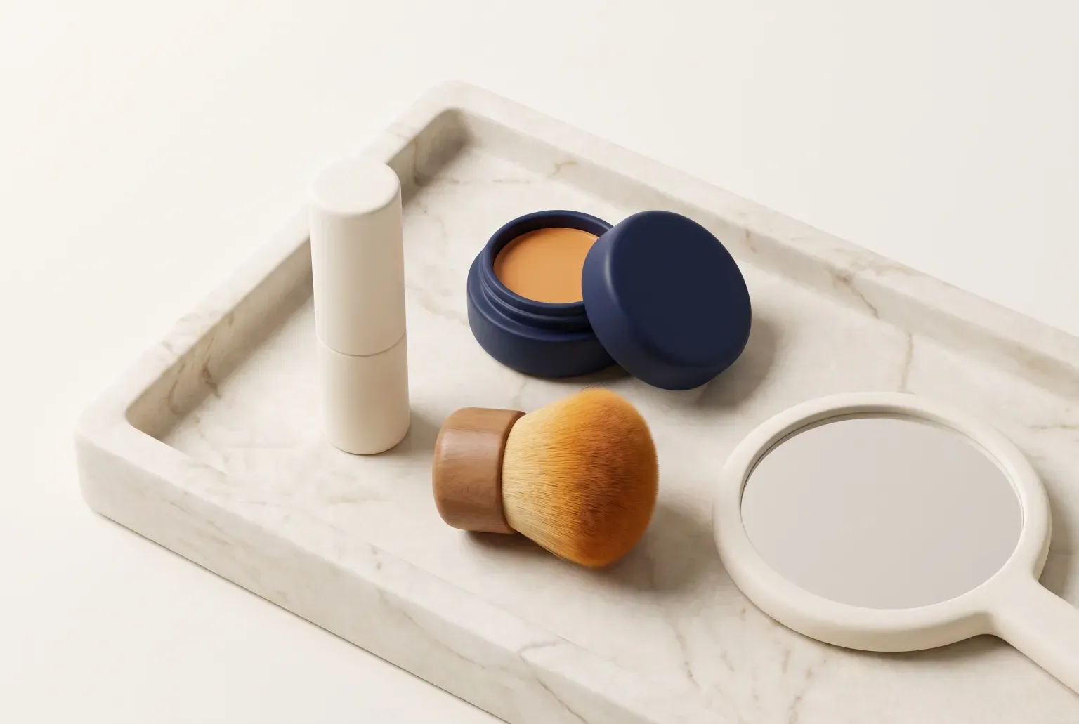 Illustration: a cream lipstick-shaped tube, an open navy pot of tan cream, a round brush and a hand mirror arranged on a pale marble tray, drawn as a soft 3D render. Not a real product.