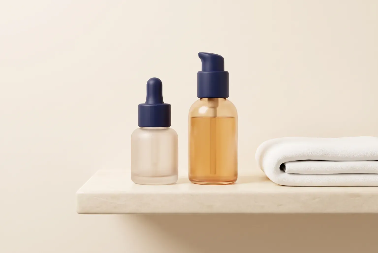 Illustration: a frosted glass dropper bottle and an amber pump bottle with navy caps on a pale stone shelf beside a folded white towel, drawn as a soft 3D render. Not a real product.