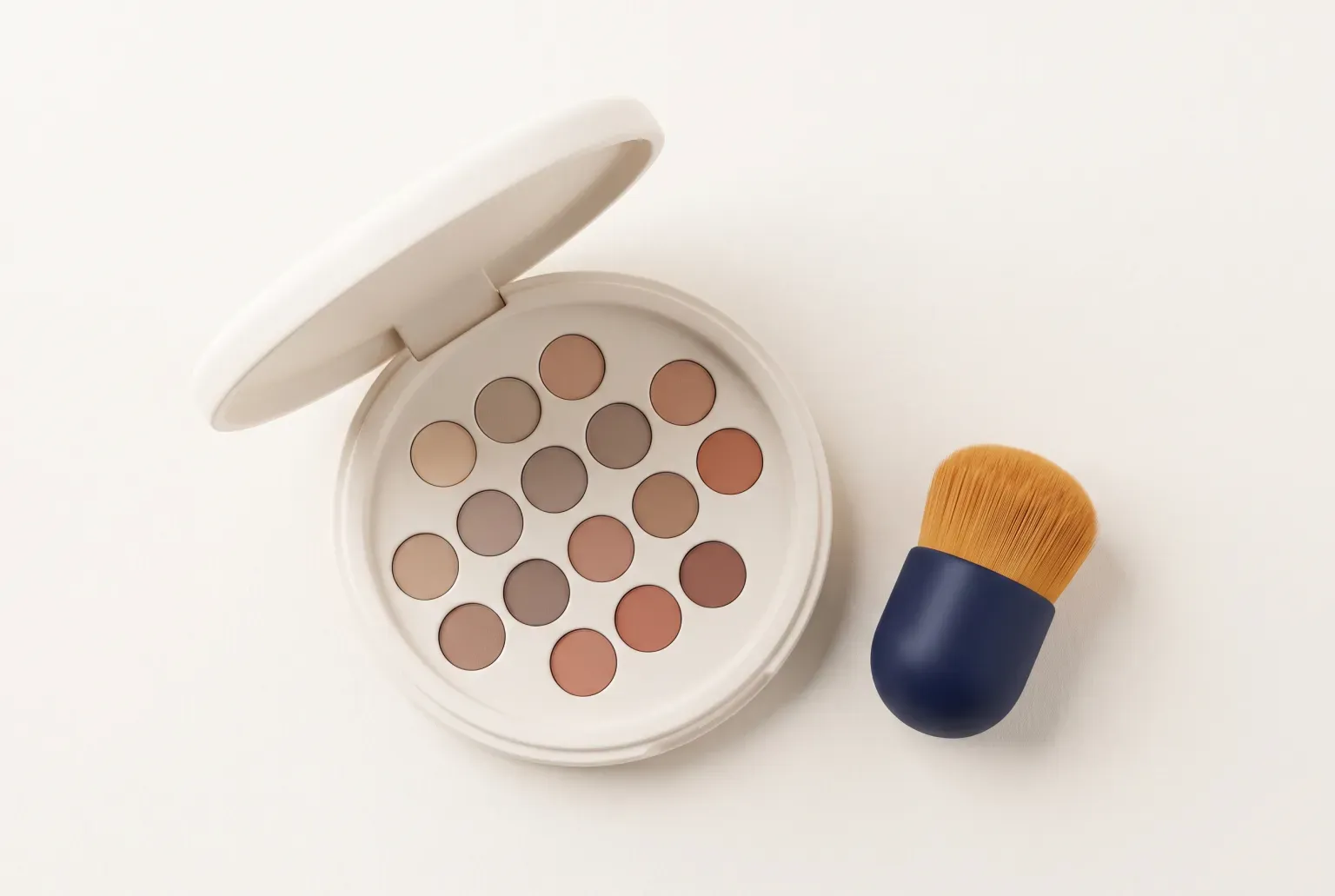 Illustration: an open cream round compact holding rows of soft matte neutral and rose eyeshadow pans beside a small navy-handled blending brush on a cream surface, drawn as a soft 3D render. Not a real product.