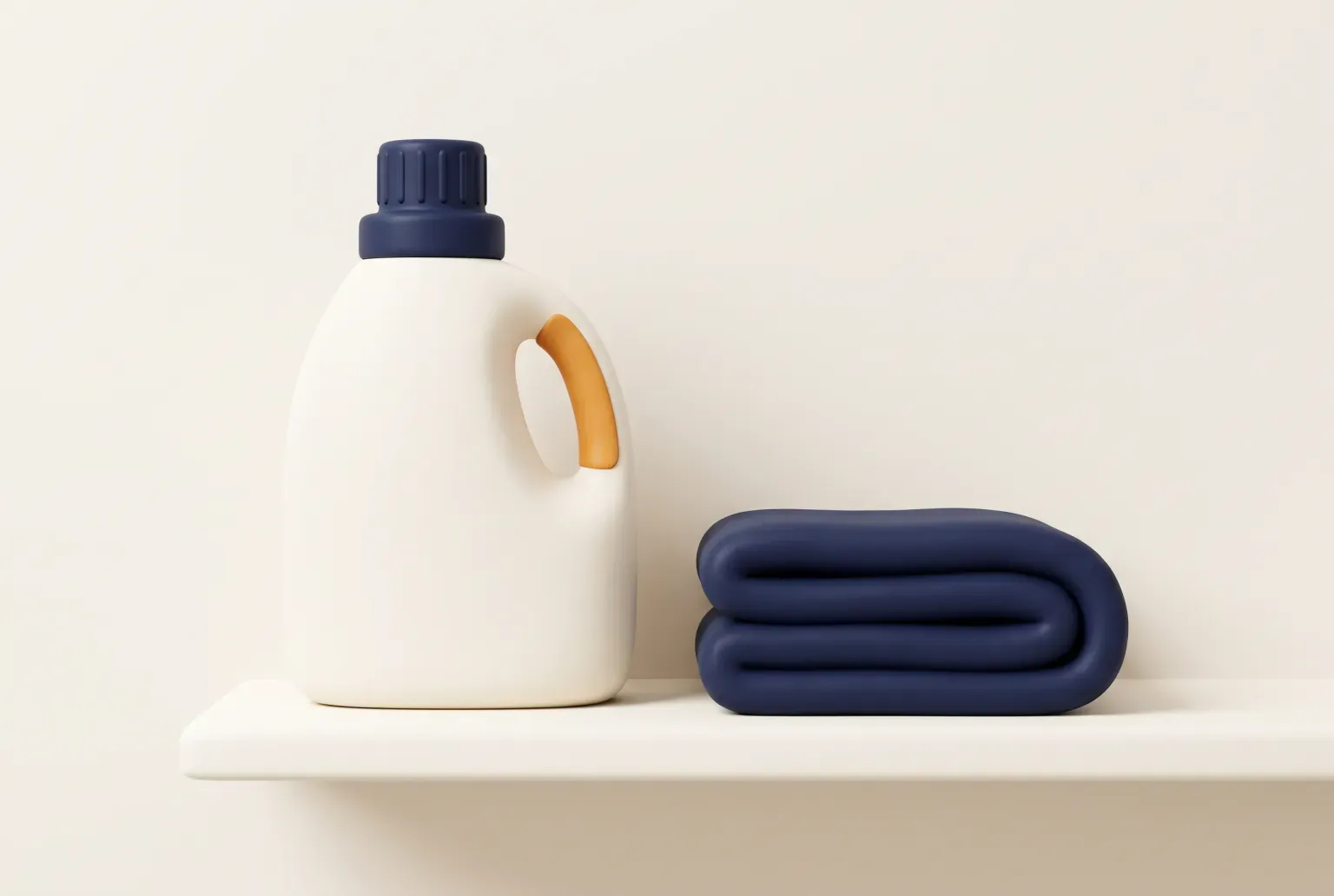 Illustration: a plain cream laundry jug with a navy cap beside a folded stack of navy towels on a laundry shelf, drawn as a soft 3D render. Not a real product.