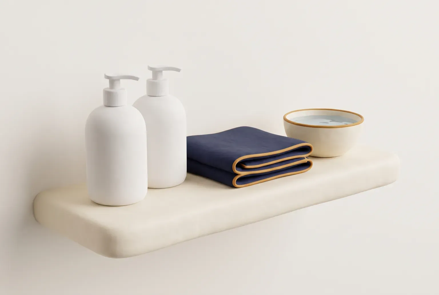 Illustration: two plain unlabeled pump bottles of face cleanser beside a folded towel on a bathroom shelf, drawn as a soft 3D render. Not a real product.