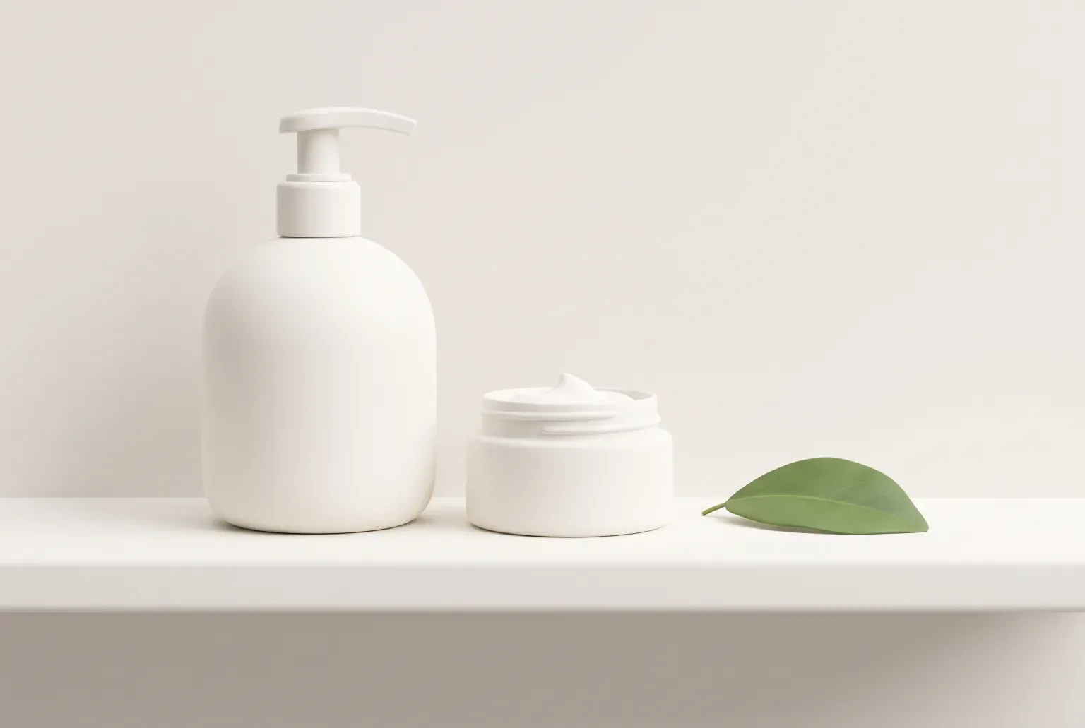 Illustration: a plain white pump bottle and a small open jar of white cream on a bathroom shelf beside a green leaf, drawn as a soft 3D render. Not a real product.